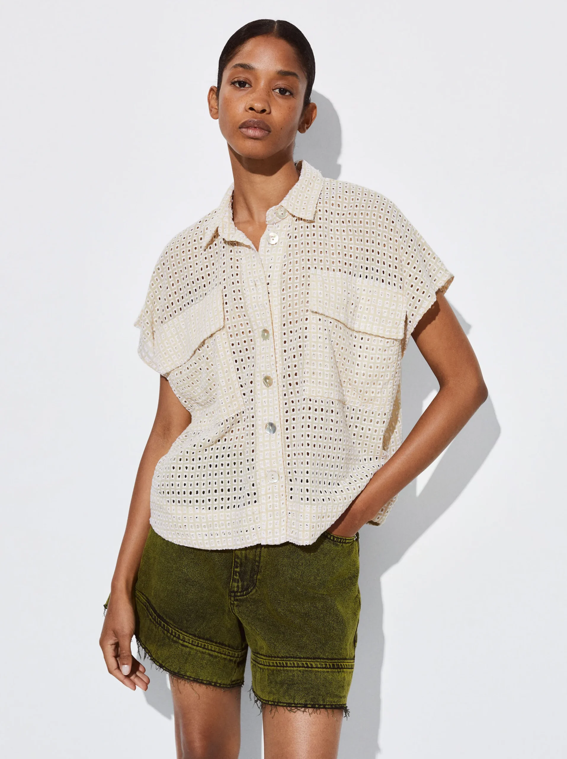 PARFOIS Camisa Algodón Con Bordado Crudo Cheap