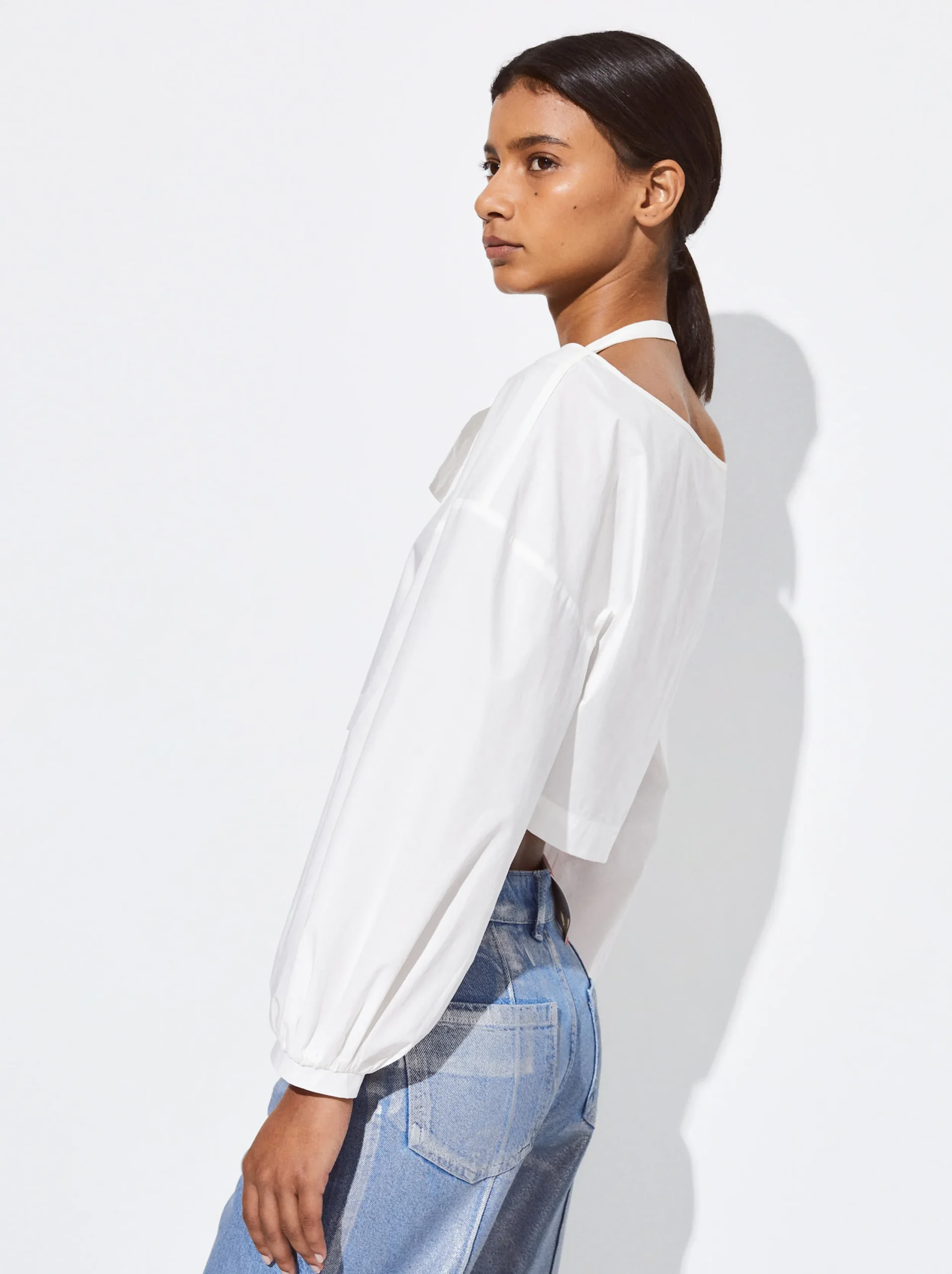PARFOIS Camisa Cropped Manga Abullonada Blanco Store