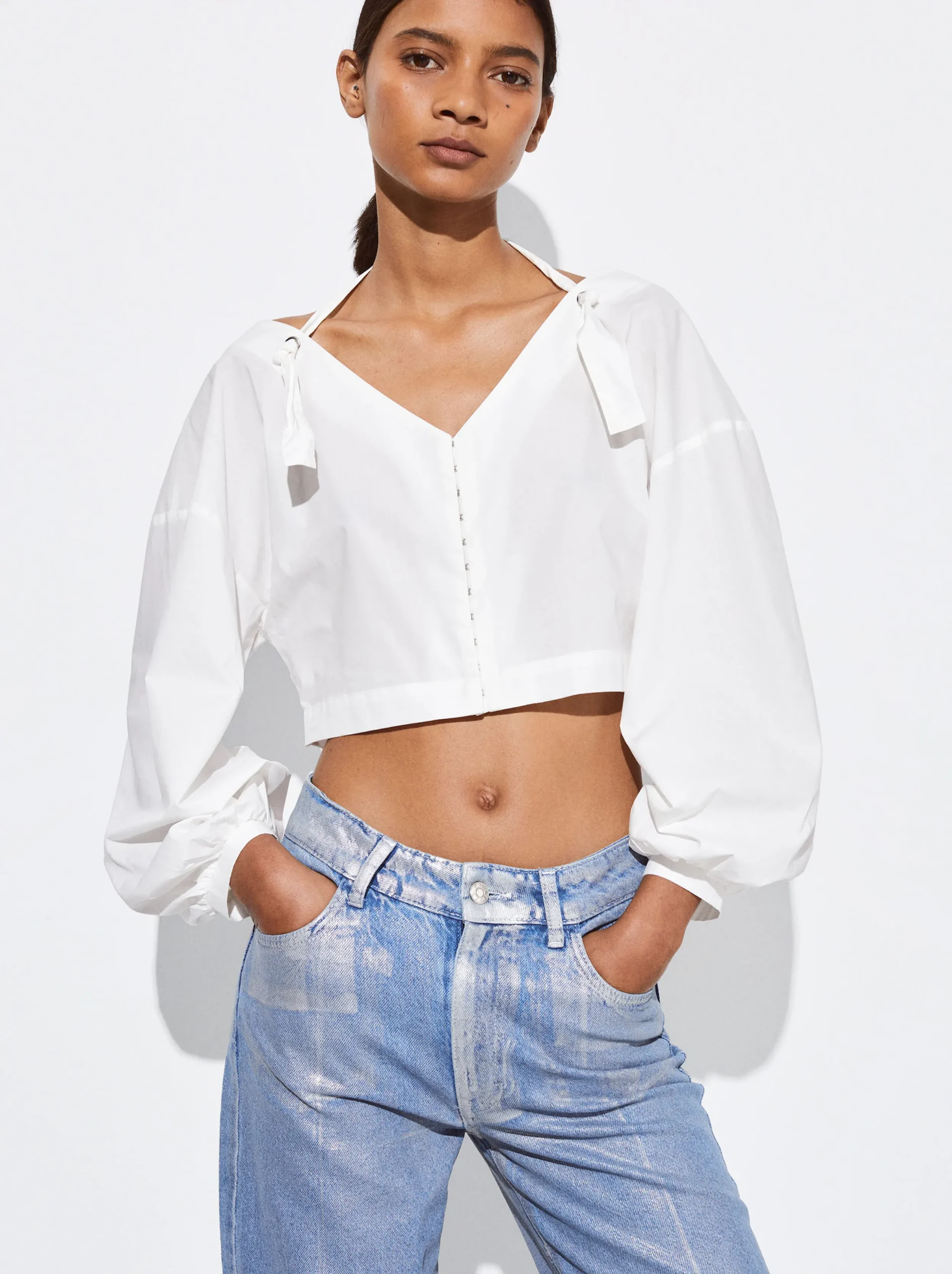PARFOIS Camisa Cropped Manga Abullonada Blanco Store