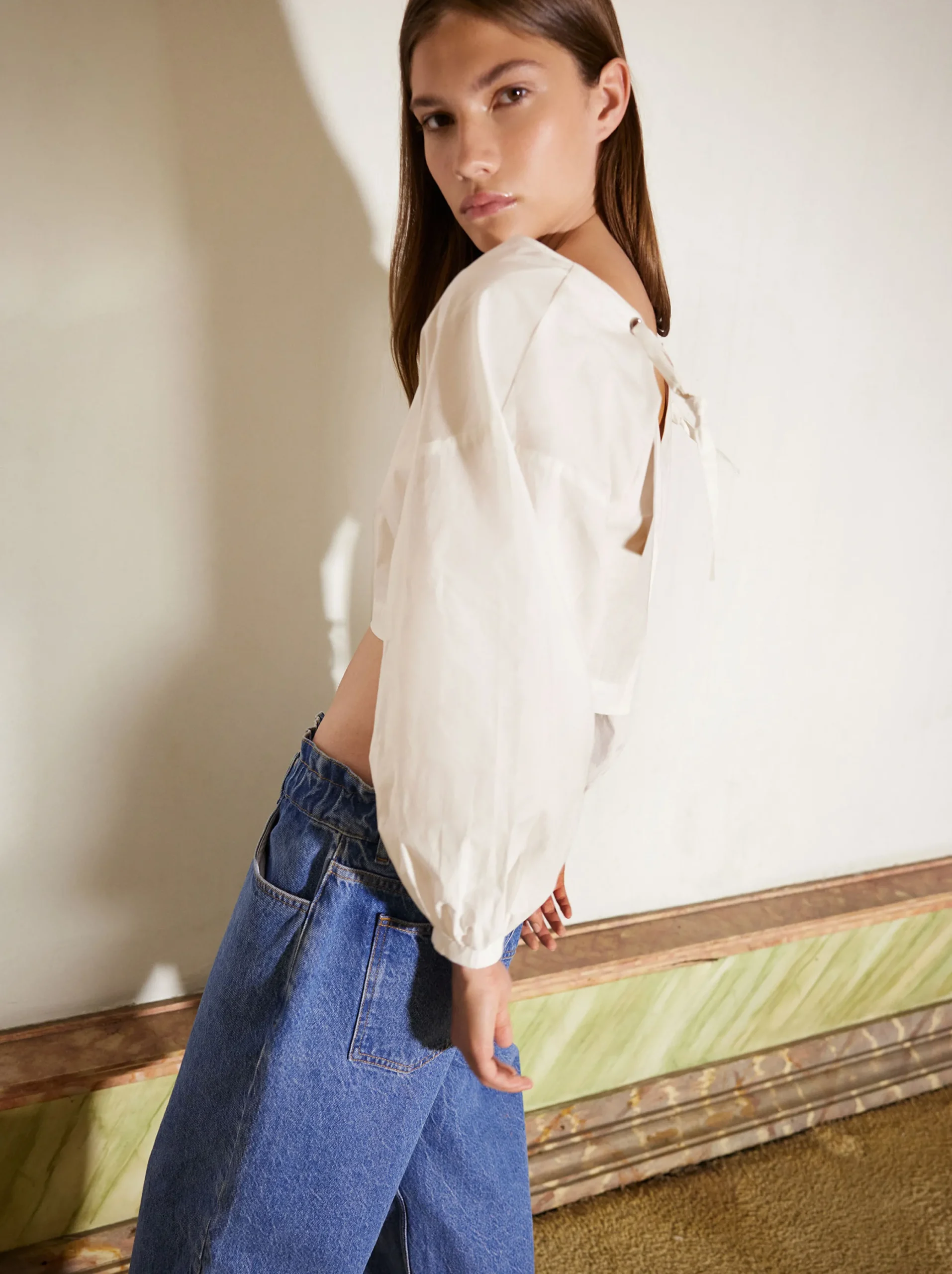 PARFOIS Camisa Cropped Manga Abullonada Blanco Store