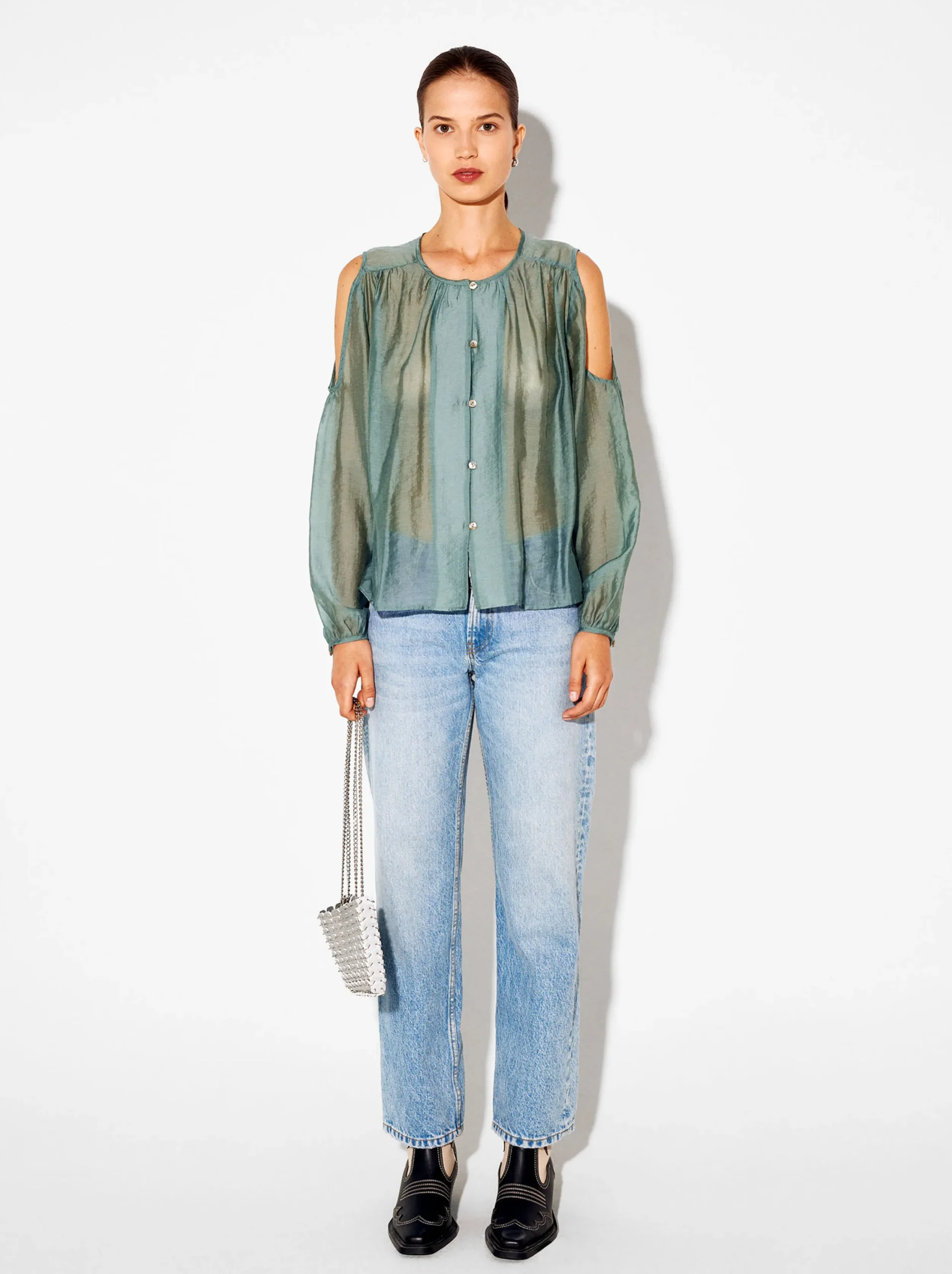 PARFOIS Camisa De Lyocell Con Hombros Abiertos Azul Cheap