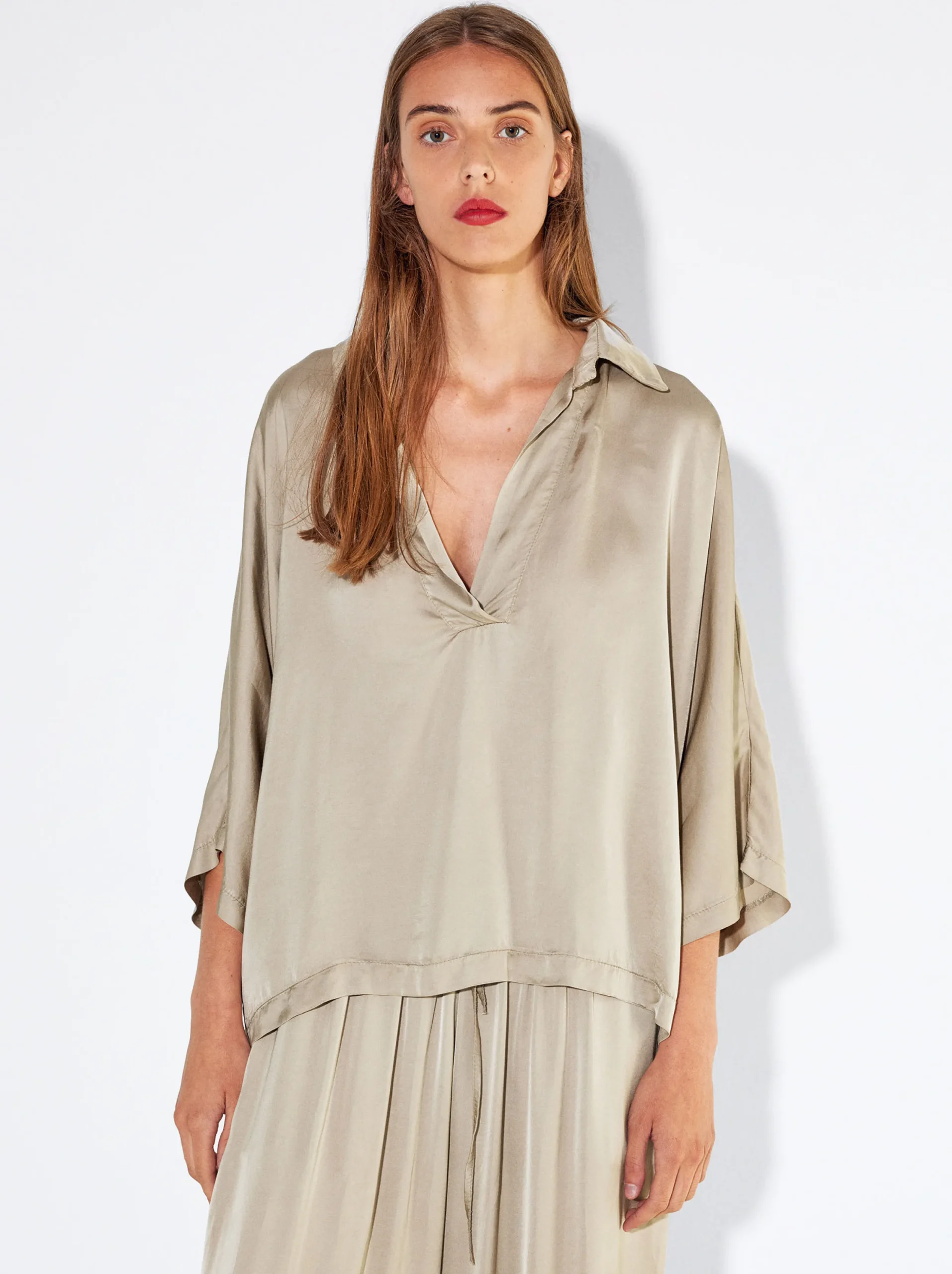 PARFOIS Camisa Fluida Con Cuello De Pico Gris Discount