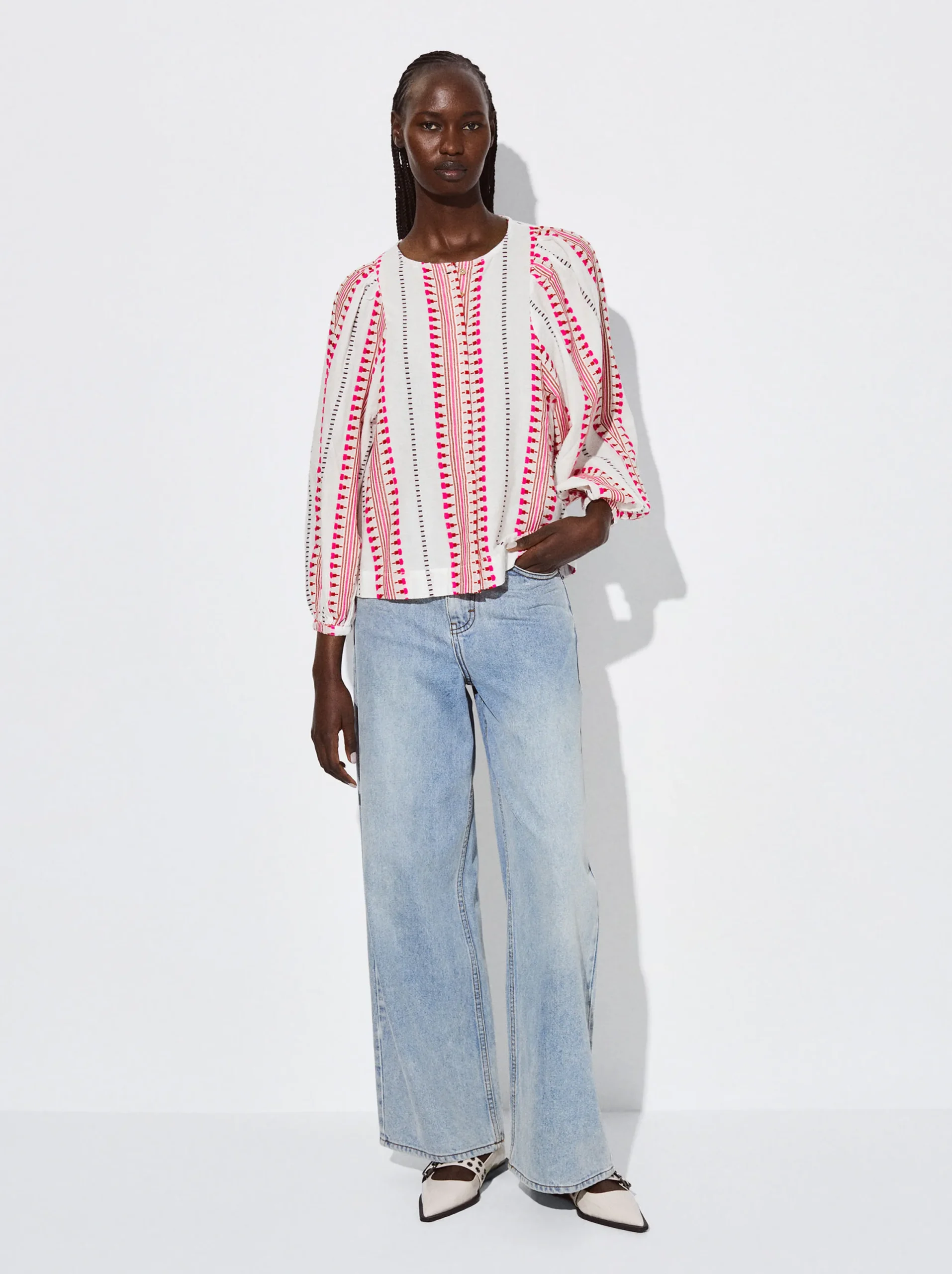 PARFOIS Camisa Jacquard Manga Abullonada Rosa Hot