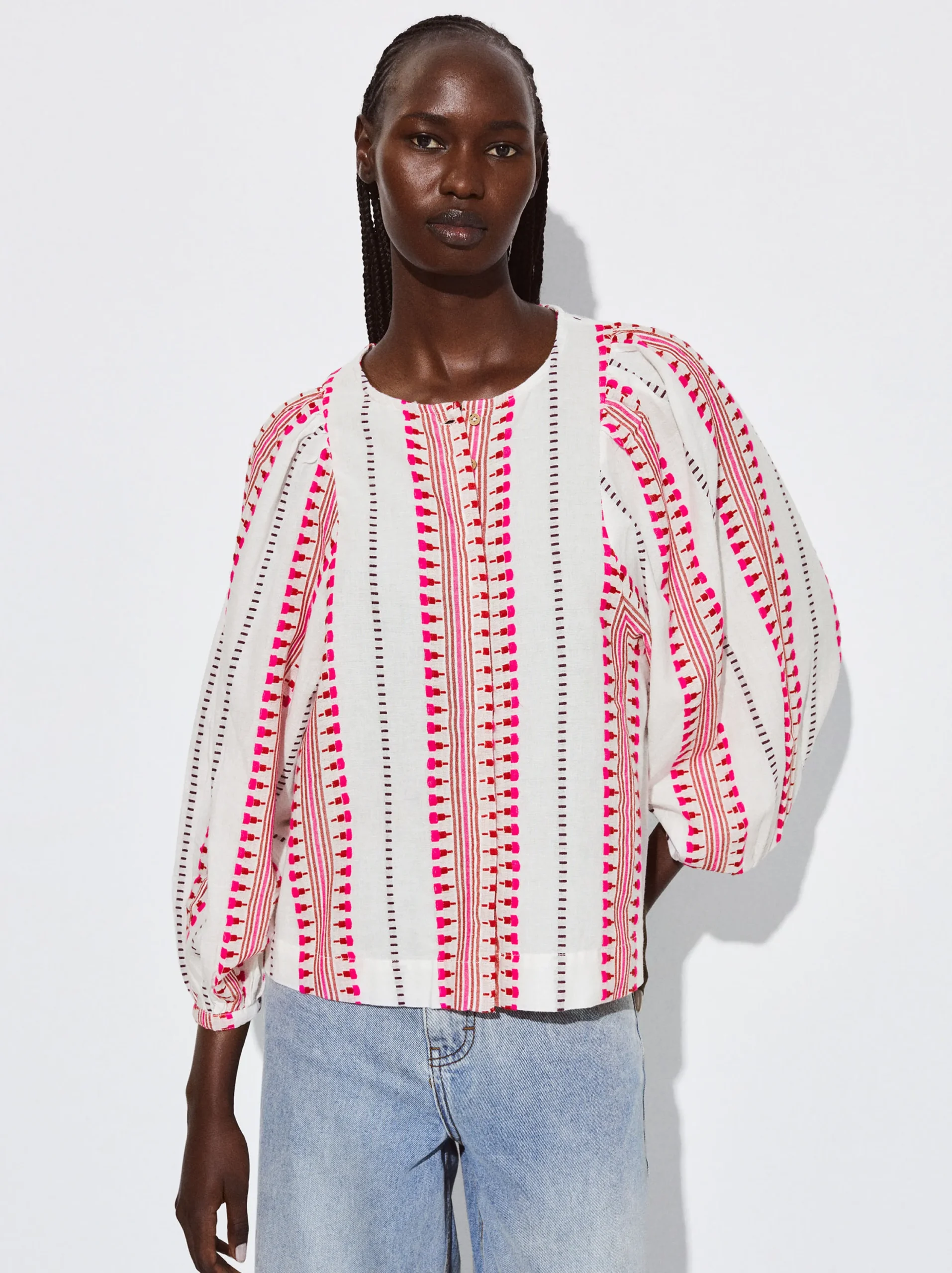 PARFOIS Camisa Jacquard Manga Abullonada Rosa Hot
