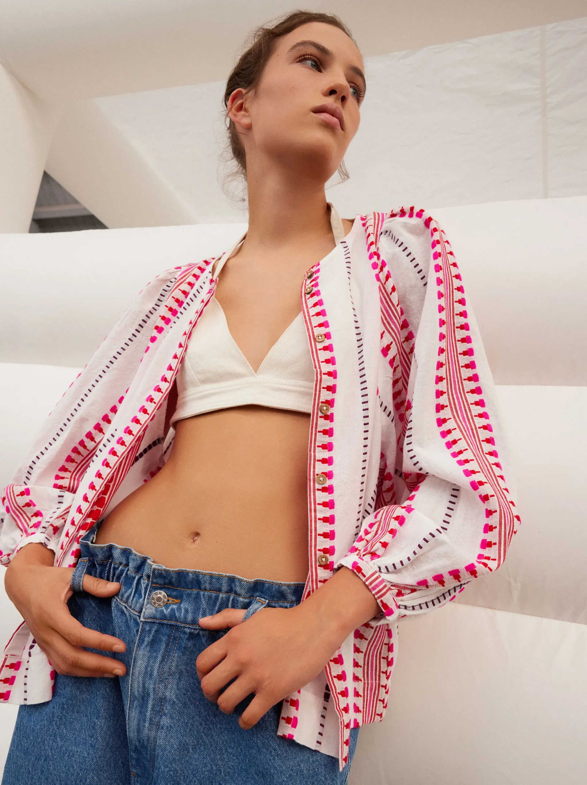 PARFOIS Camisa Jacquard Manga Abullonada Rosa Hot