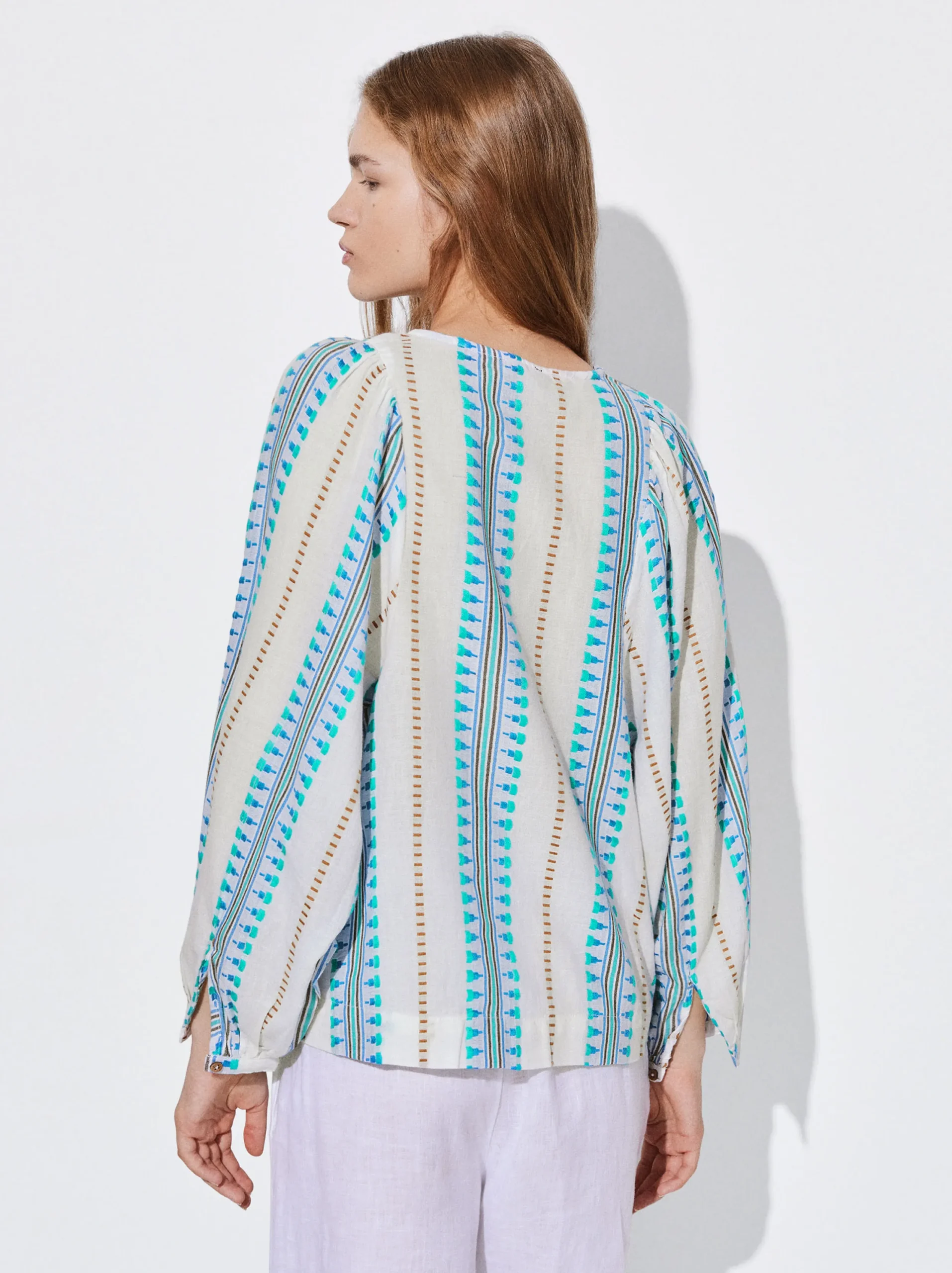 PARFOIS Camisa Jacquard Manga Abullonada Azul Cheap