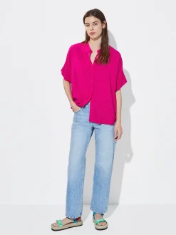 PARFOIS Camisa Manga Corta Con Botones Fucsia New