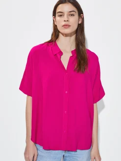 PARFOIS Camisa Manga Corta Con Botones Fucsia New