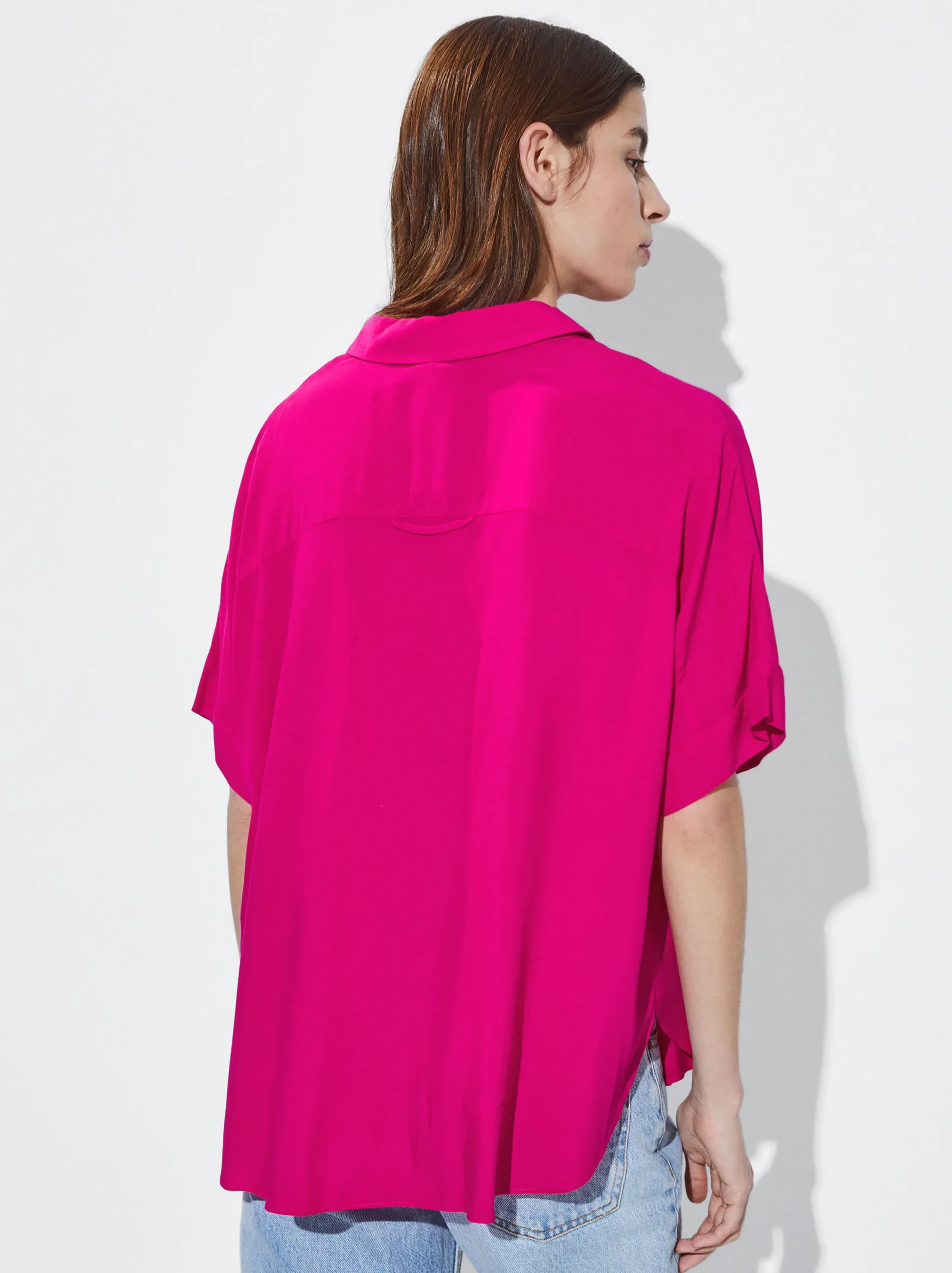 PARFOIS Camisa Manga Corta Con Botones Fucsia New