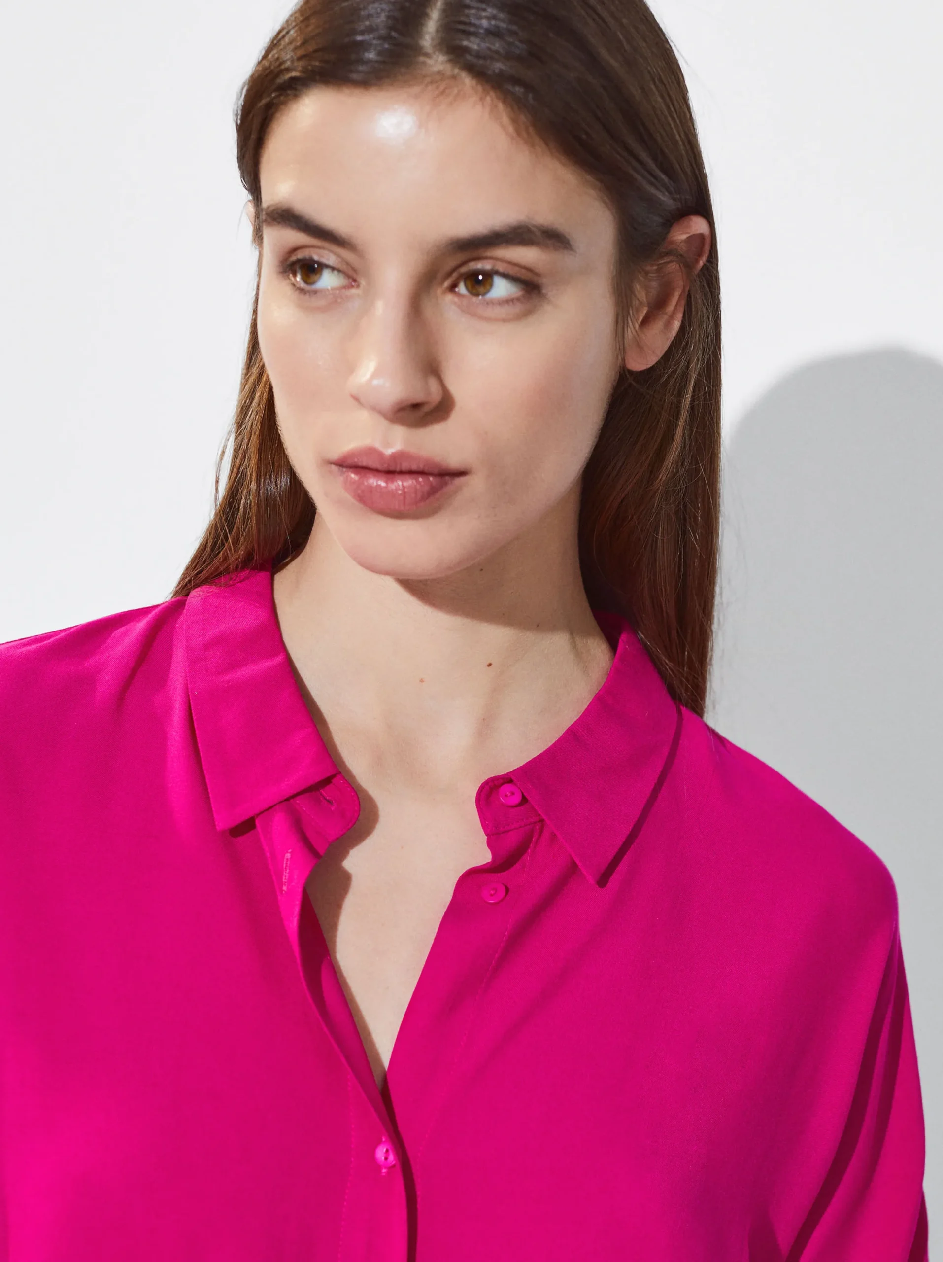 PARFOIS Camisa Manga Corta Con Botones Fucsia New