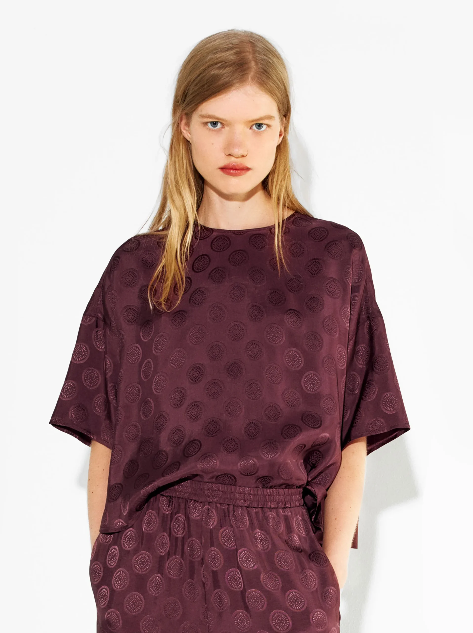 PARFOIS Camisa Manga Corta Jacquard Burdeos Fashion