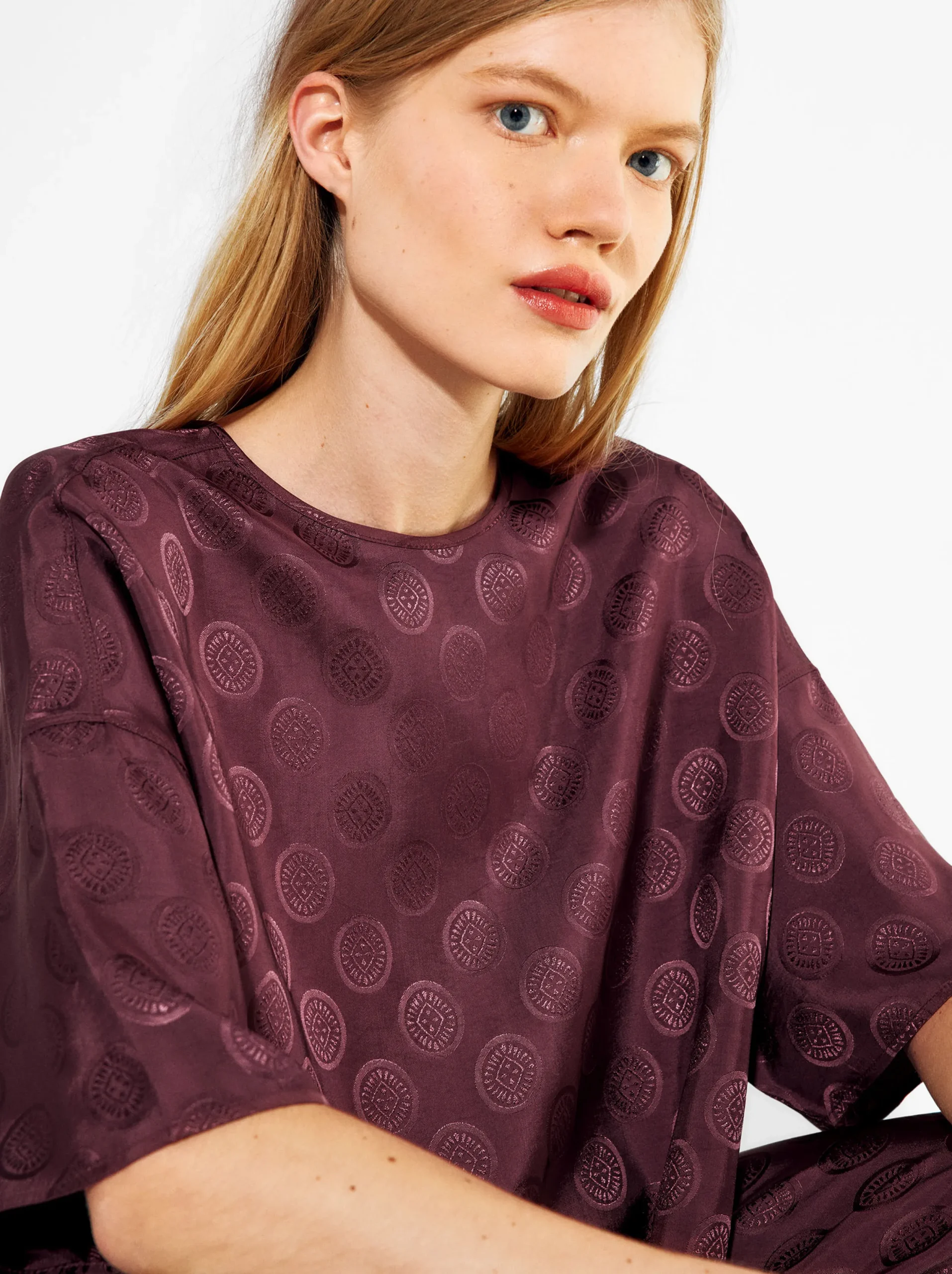 PARFOIS Camisa Manga Corta Jacquard Burdeos Fashion