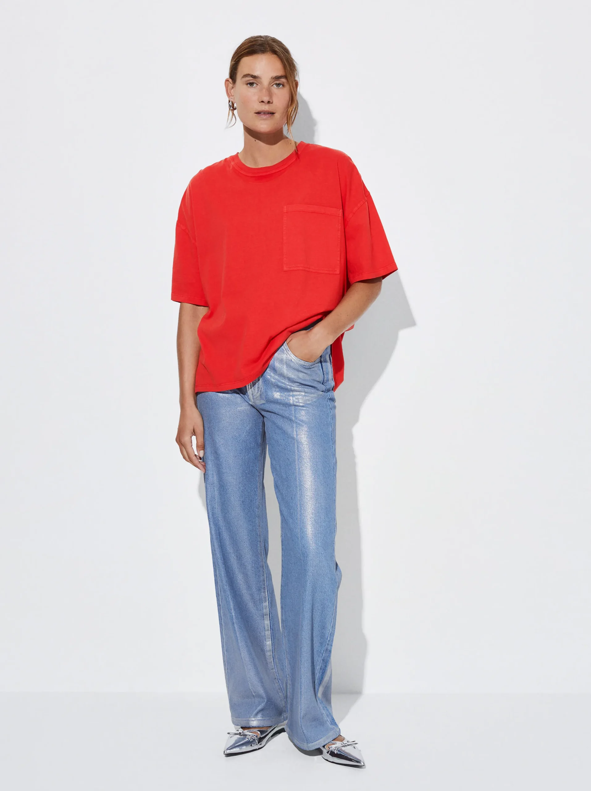 PARFOIS Camiseta Algodón Con Bolsillo Rojo Discount