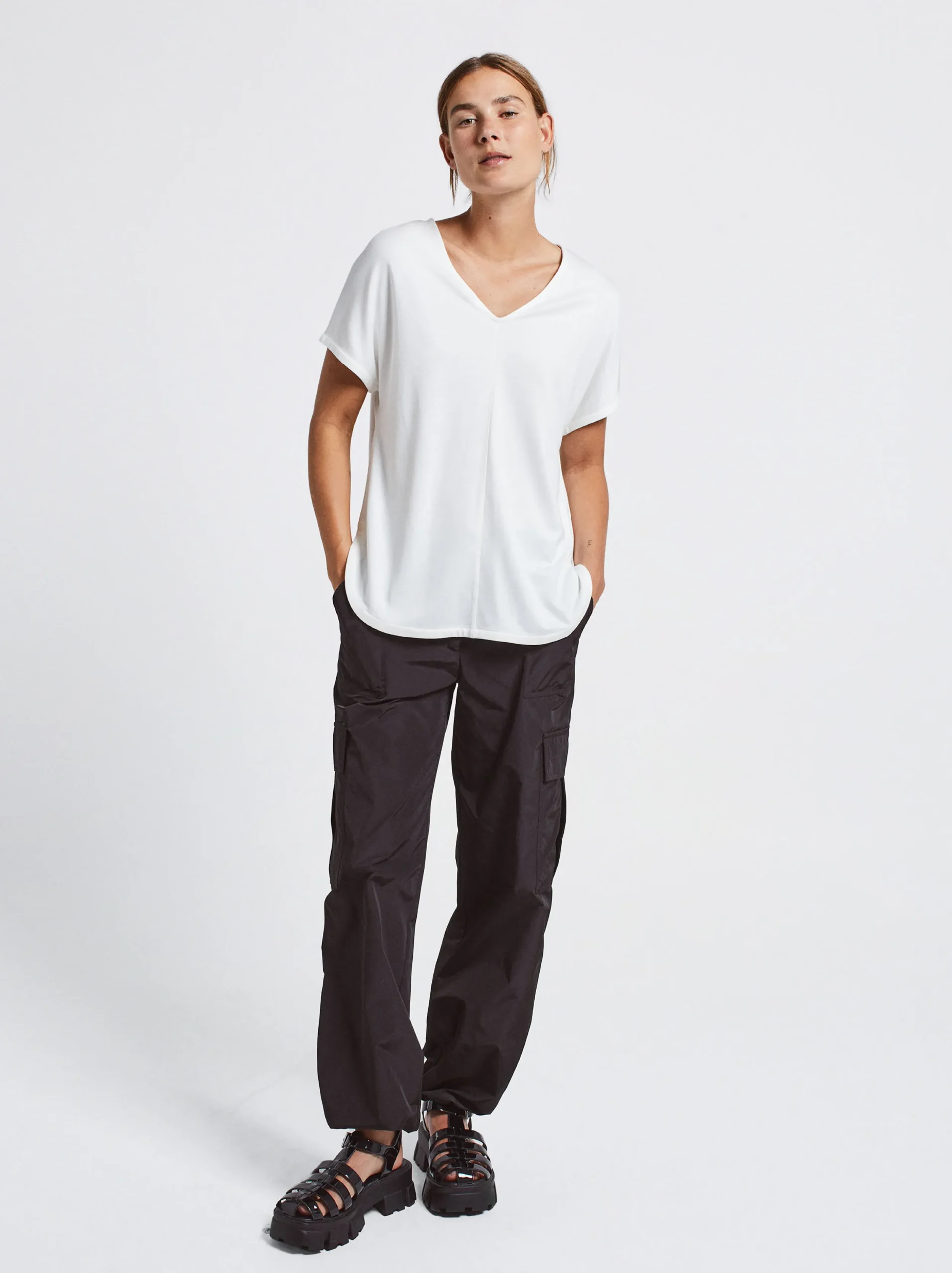 PARFOIS Camiseta Básica Cuello Pico Crudo Fashion