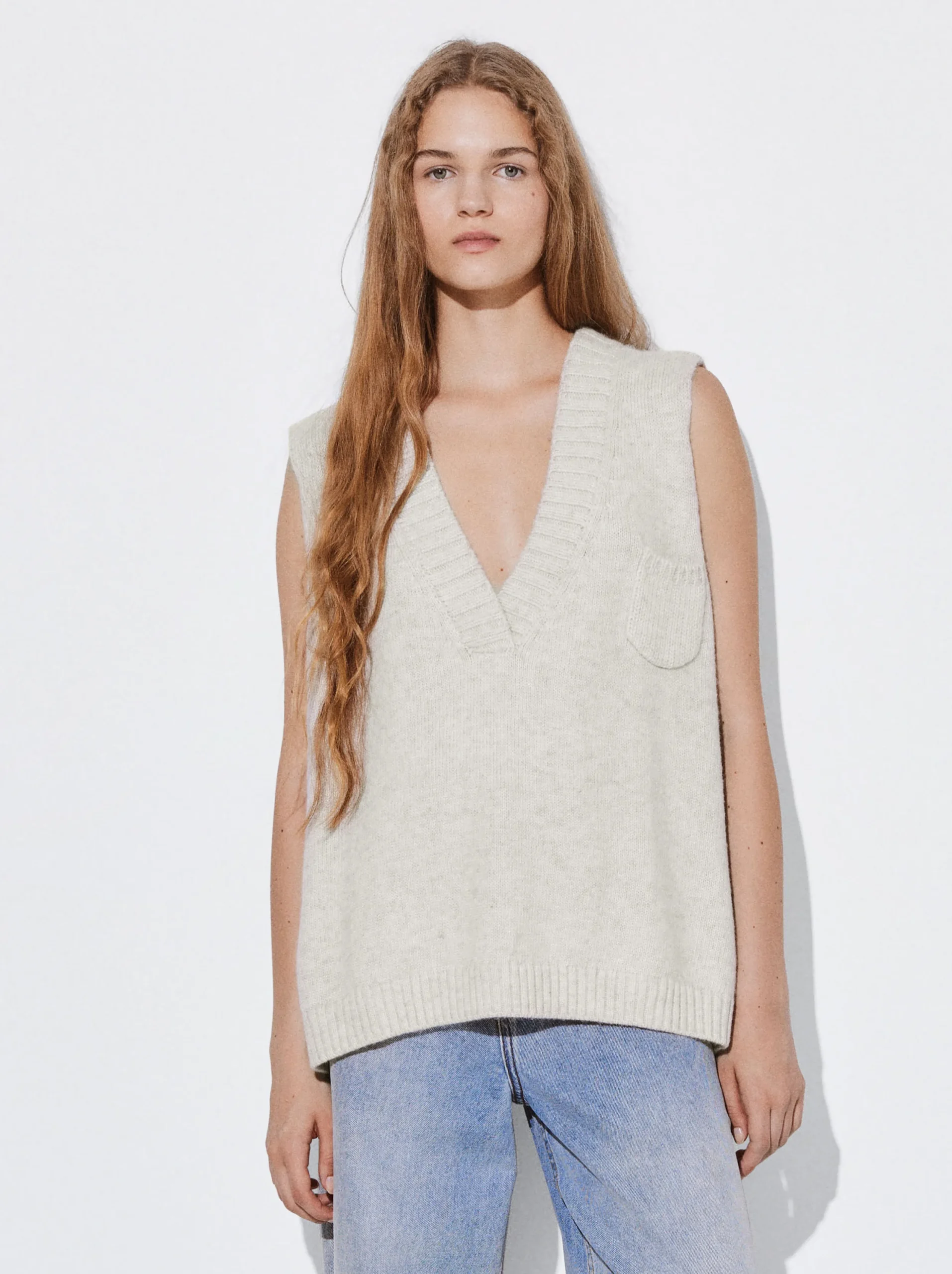 PARFOIS Chaleco De Punto Con Cuello De Pico Beige Clearance