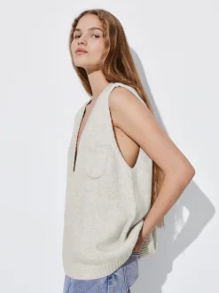 PARFOIS Chaleco De Punto Con Cuello De Pico Beige Clearance