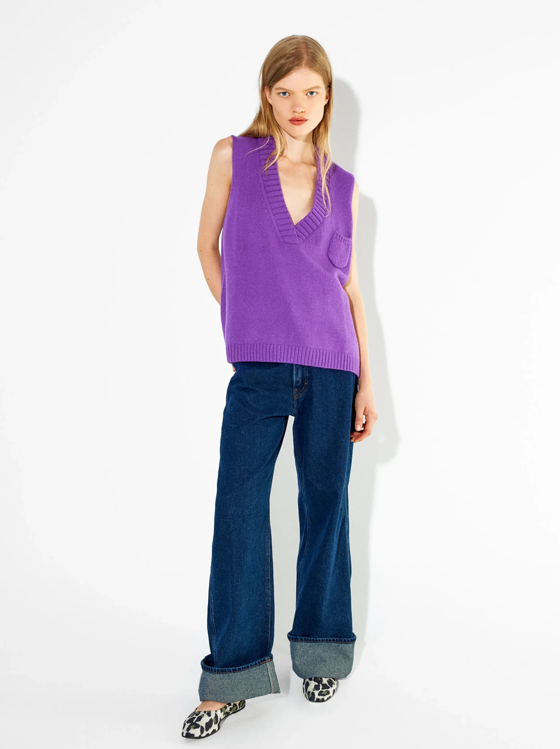PARFOIS Chaleco De Punto Con Cuello De Pico Violeta Sale