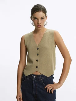 PARFOIS Chaleco De Punto Con Cuello De Pico Camel Flash Sale