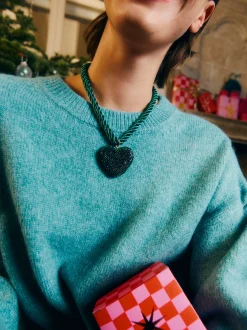 PARFOIS Collar Cuerda Corazón Con Cristales Verde New