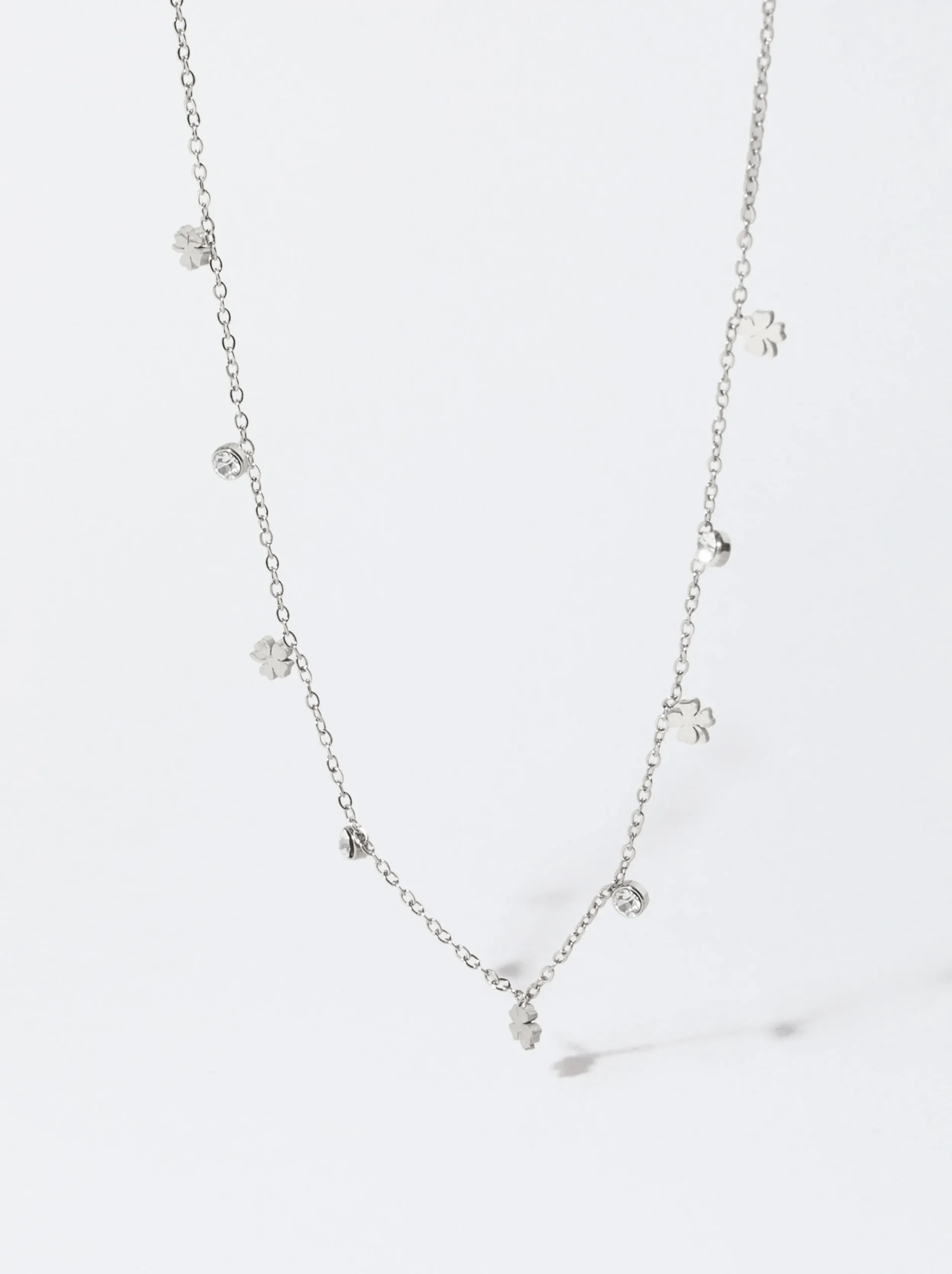 PARFOIS Collar De Acero Con Cristales Plateado New