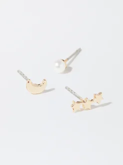 PARFOIS Conjunto De Pendientes Con Perla Y Charms Dorado Discount