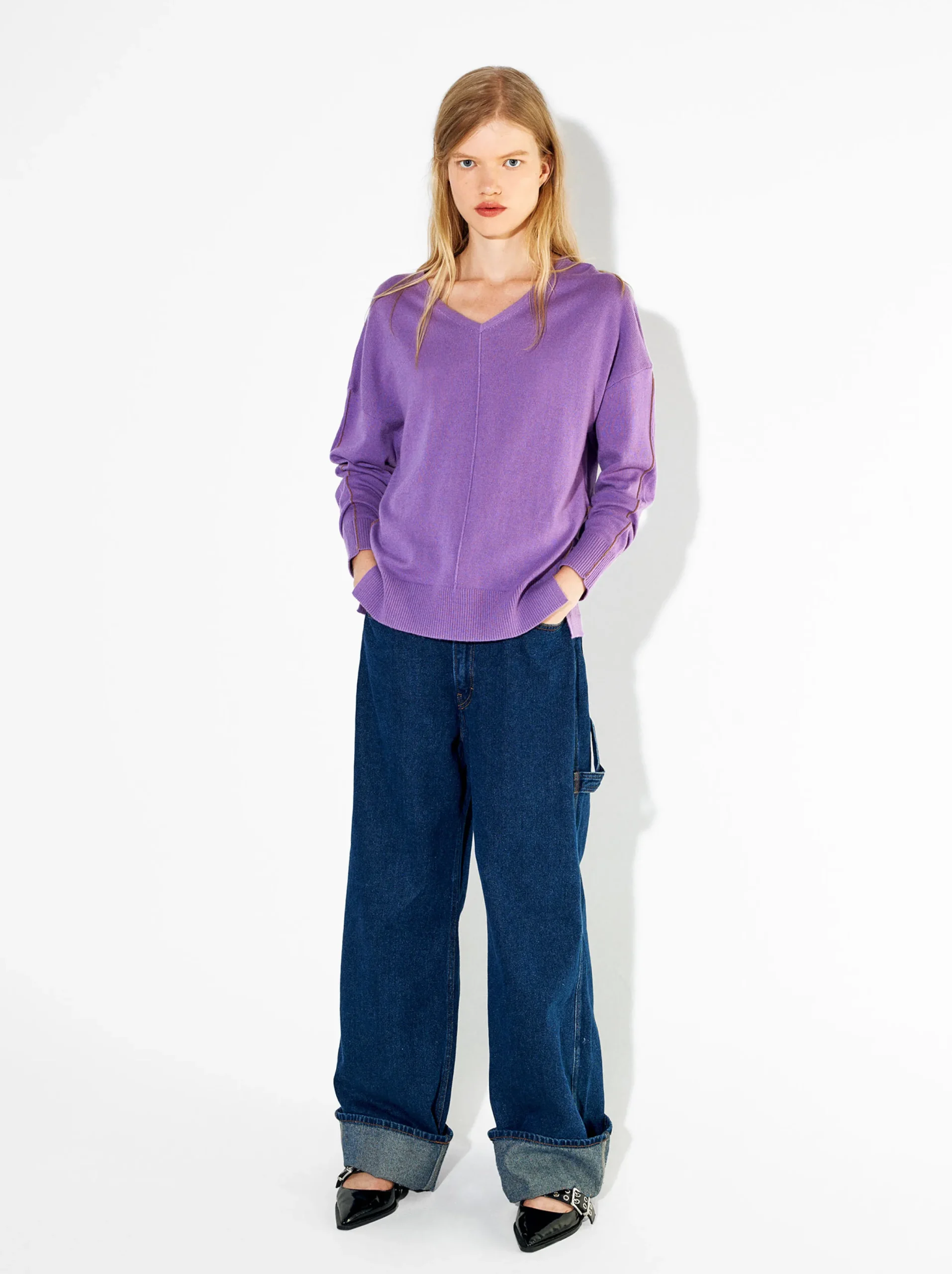 PARFOIS Jersey De Punto Cuello De Pico Violeta Sale