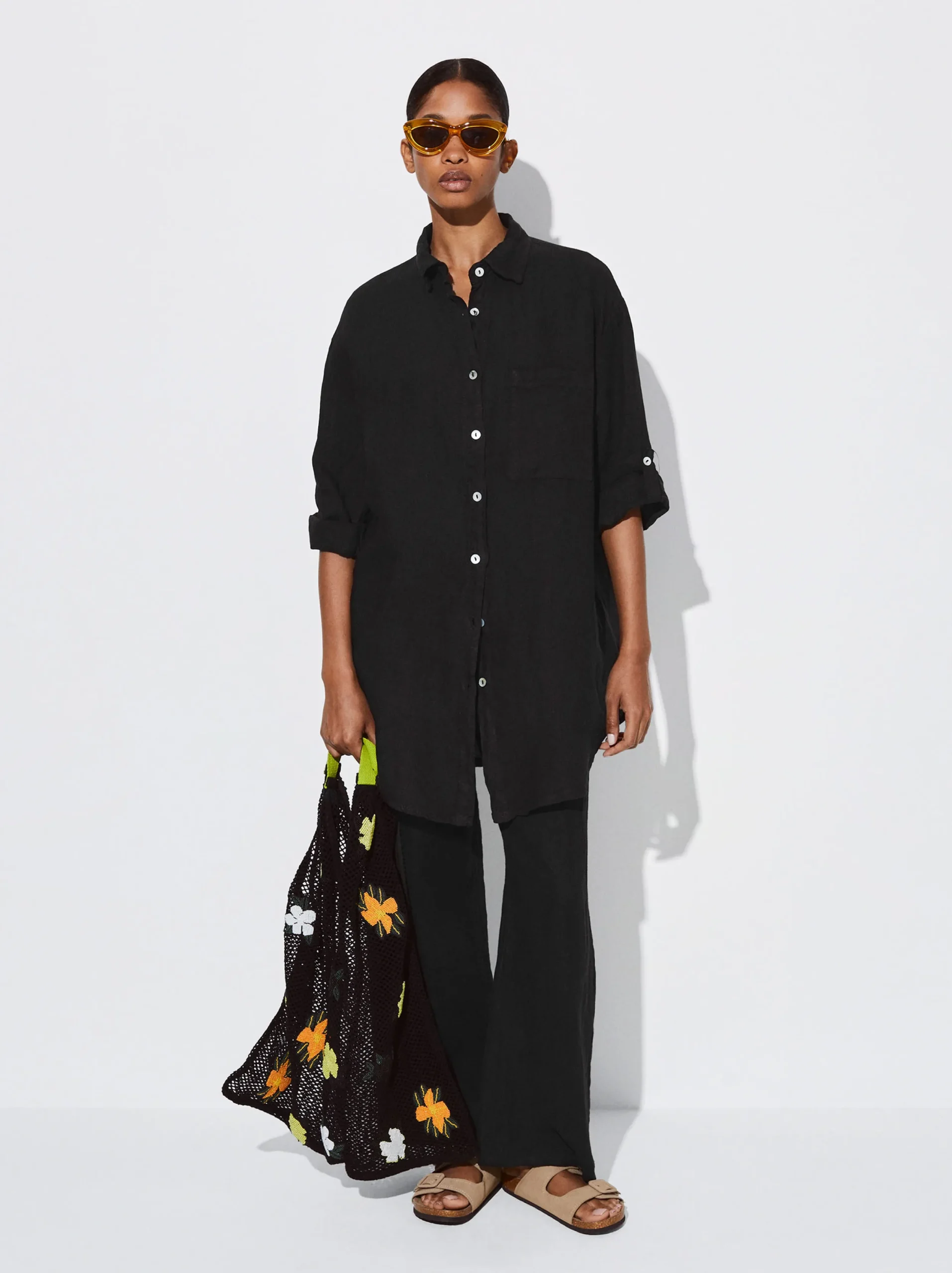 PARFOIS Pantalón Ancho Lino Negro Hot