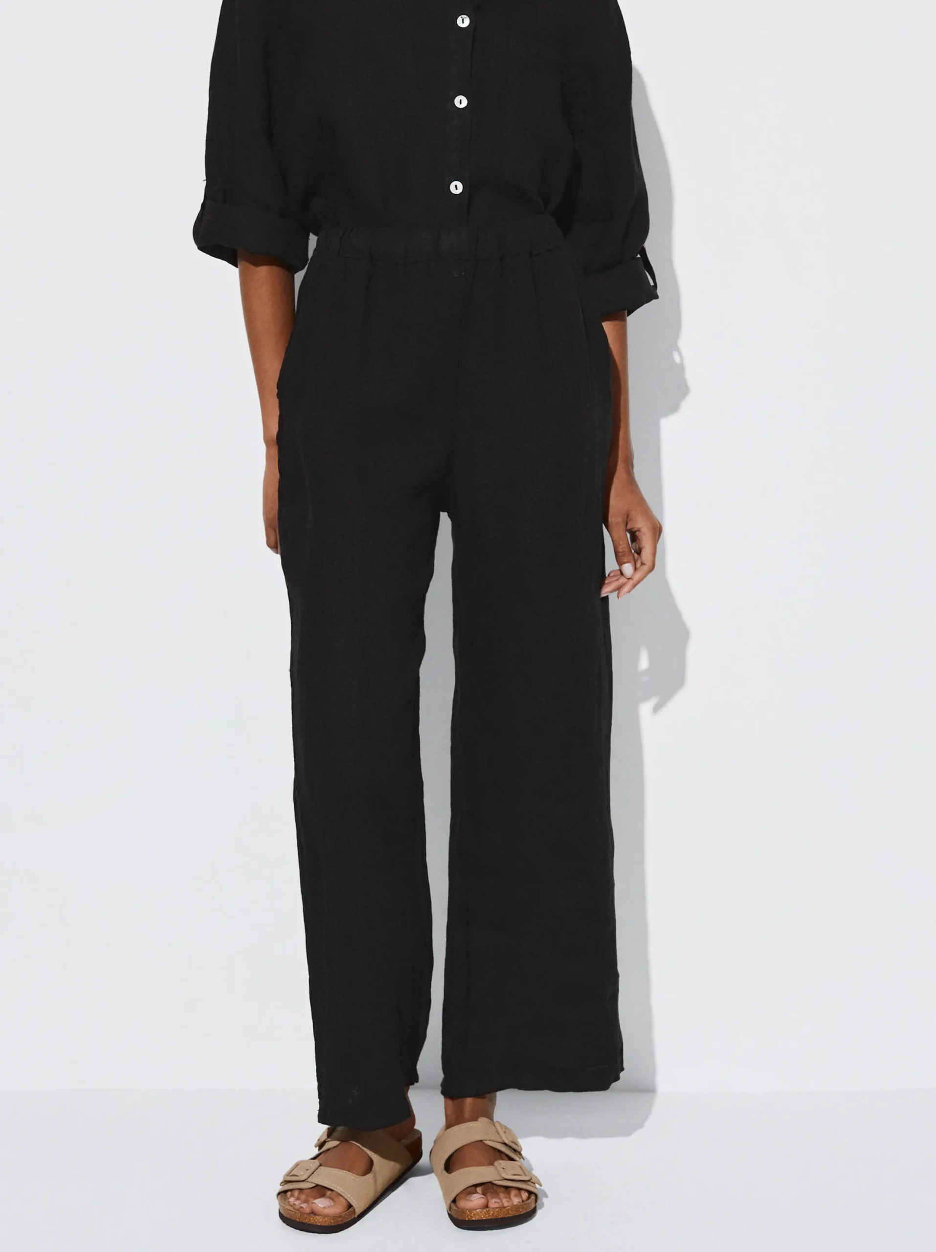 PARFOIS Pantalón Ancho Lino Negro Hot