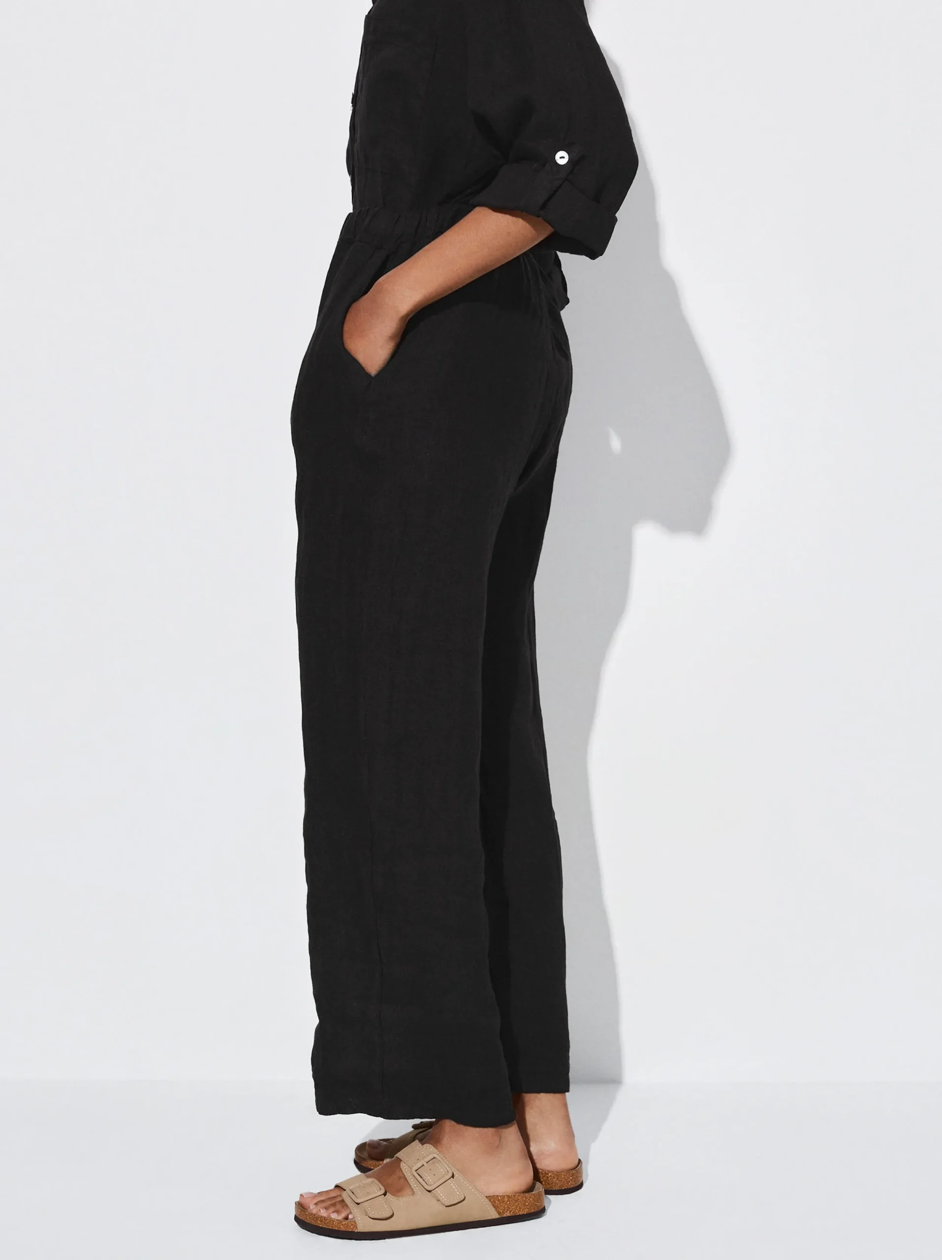 PARFOIS Pantalón Ancho Lino Negro Hot
