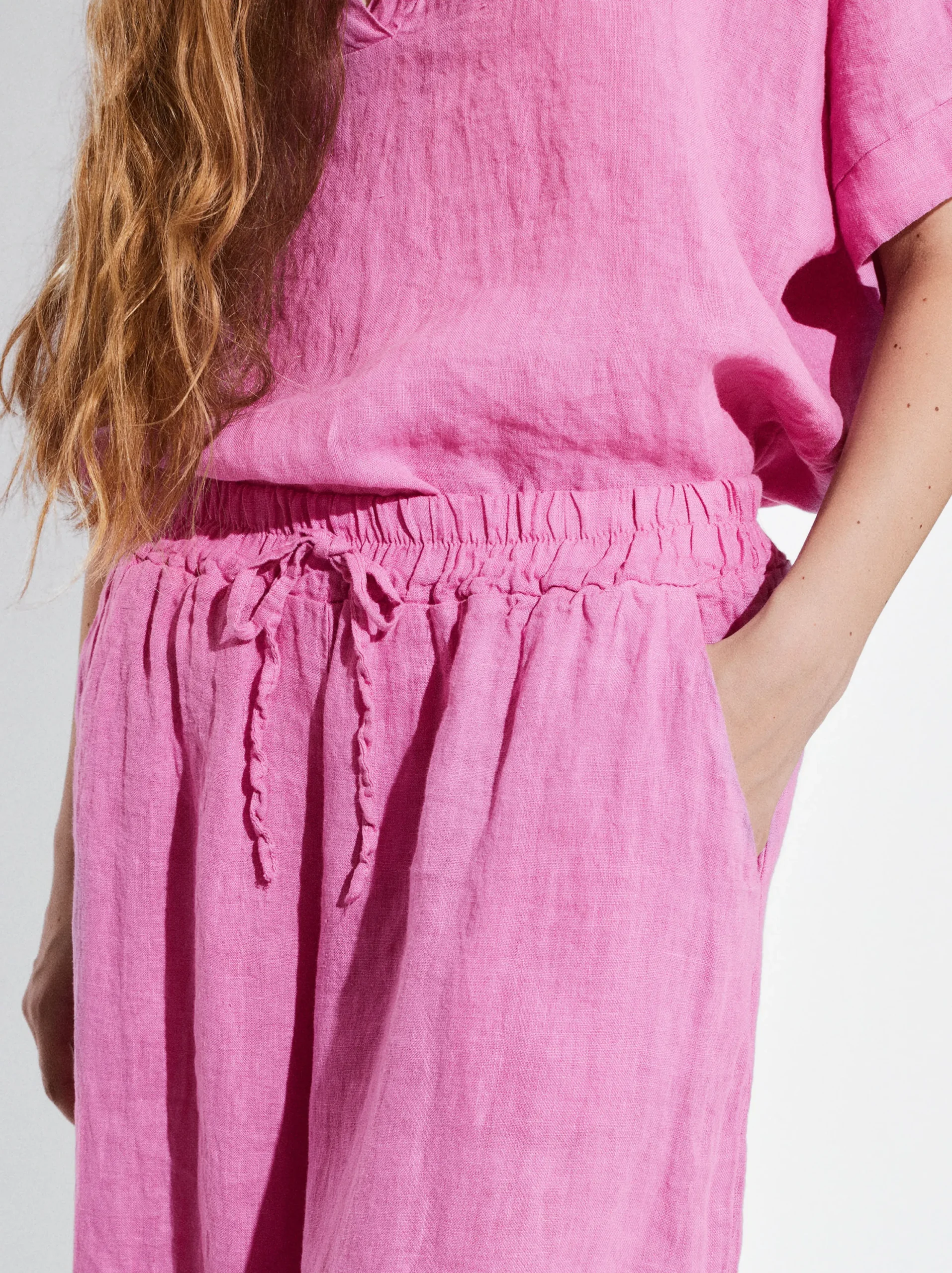 PARFOIS Pantalón Fluido 100% Lino Rosa Sale