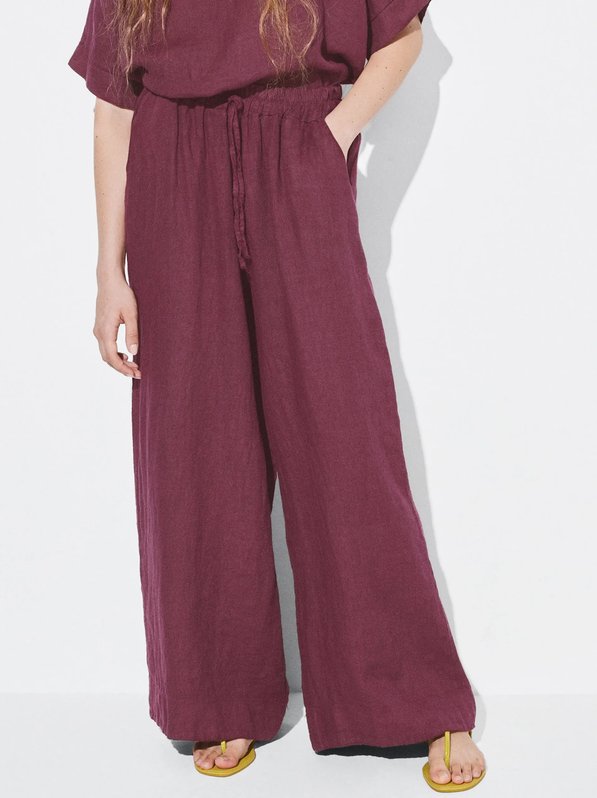 PARFOIS Pantalón Fluido 100% Lino Burdeos Shop