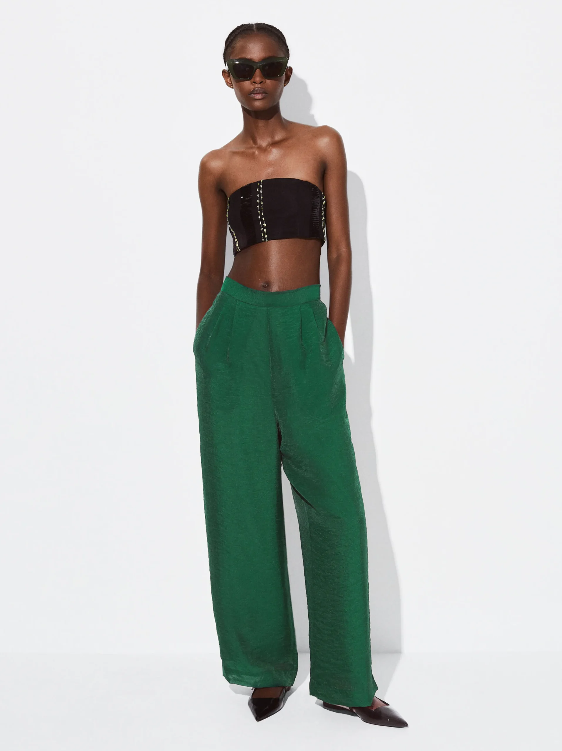 PARFOIS Pantalón Wide Leg De Tejido Brillante Verde Cheap