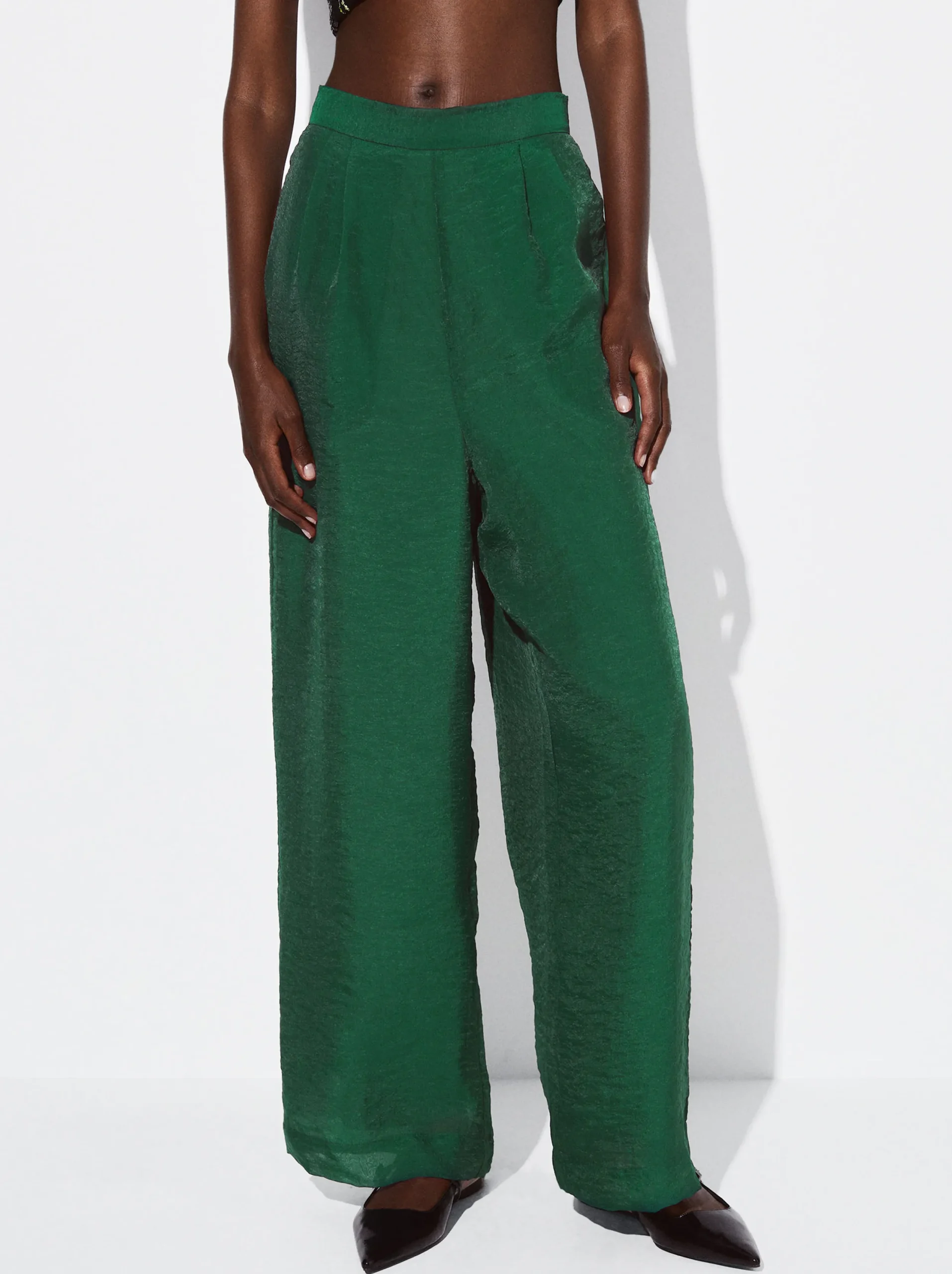 PARFOIS Pantalón Wide Leg De Tejido Brillante Verde Cheap