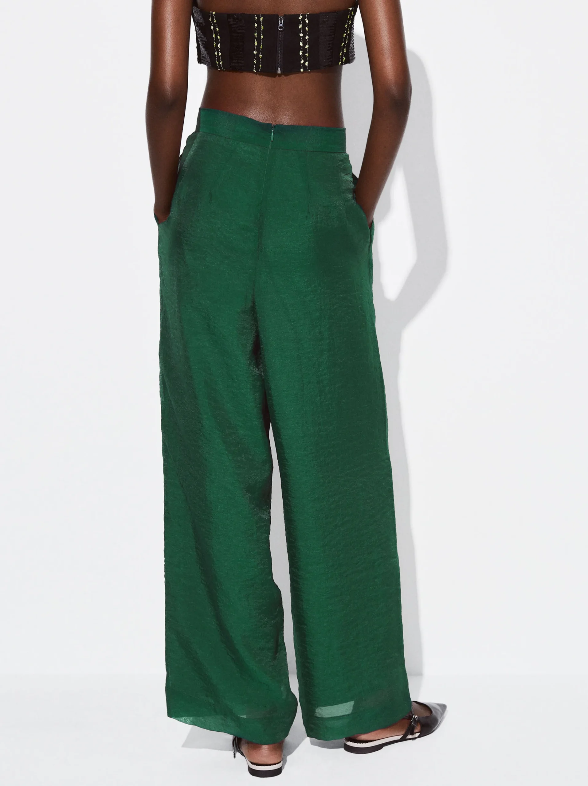 PARFOIS Pantalón Wide Leg De Tejido Brillante Verde Cheap