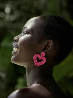PARFOIS Pendientes Corazón Con Abalorios Fucsia Hot