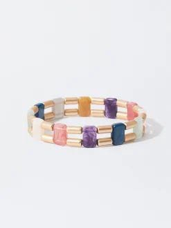 PARFOIS Pulsera Elástica Dorada Con Piedras Multicor Fashion