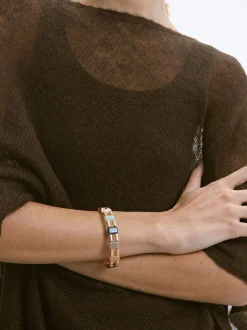 PARFOIS Pulsera El&aacute;stica Dorada Con Piedras Multicor Fashion