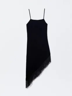 PARFOIS Vestido Asim&eacute;trico De Terciopelo Con Flecos Negro Sale