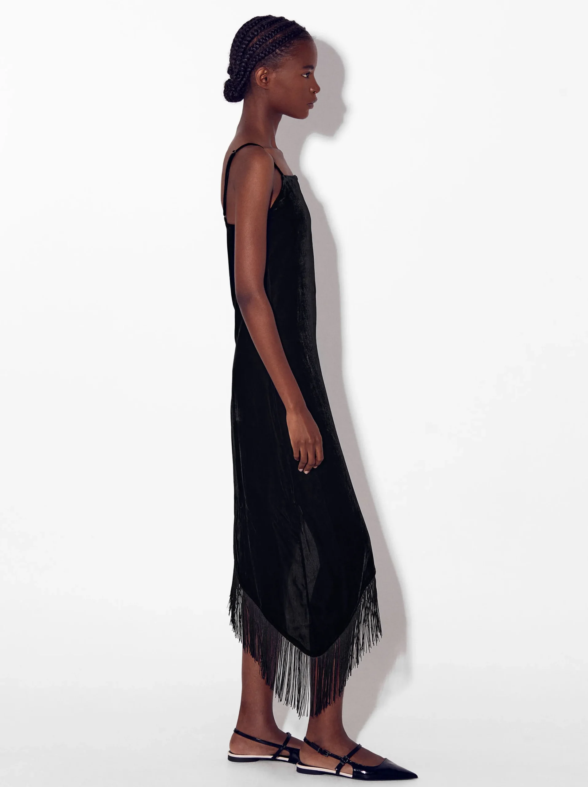 PARFOIS Vestido Asimétrico De Terciopelo Con Flecos Negro Sale