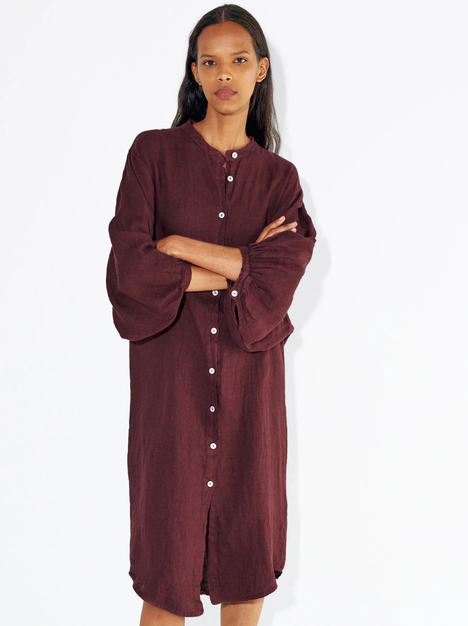 PARFOIS Vestido Camisero 100% Lino Burdeos Cheap