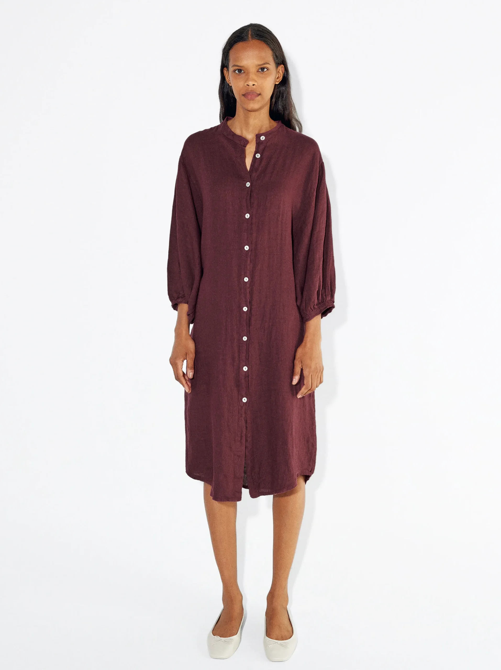 PARFOIS Vestido Camisero 100% Lino Burdeos Cheap