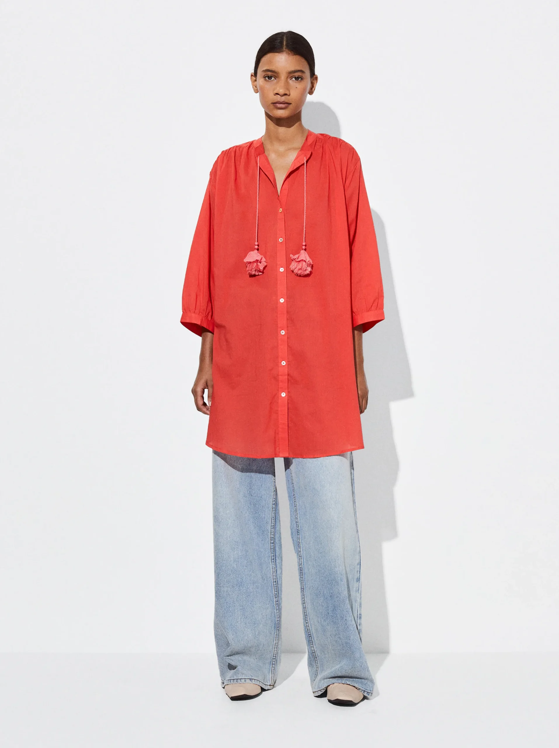 PARFOIS Vestido Camisero Algodón Rojo Cheap
