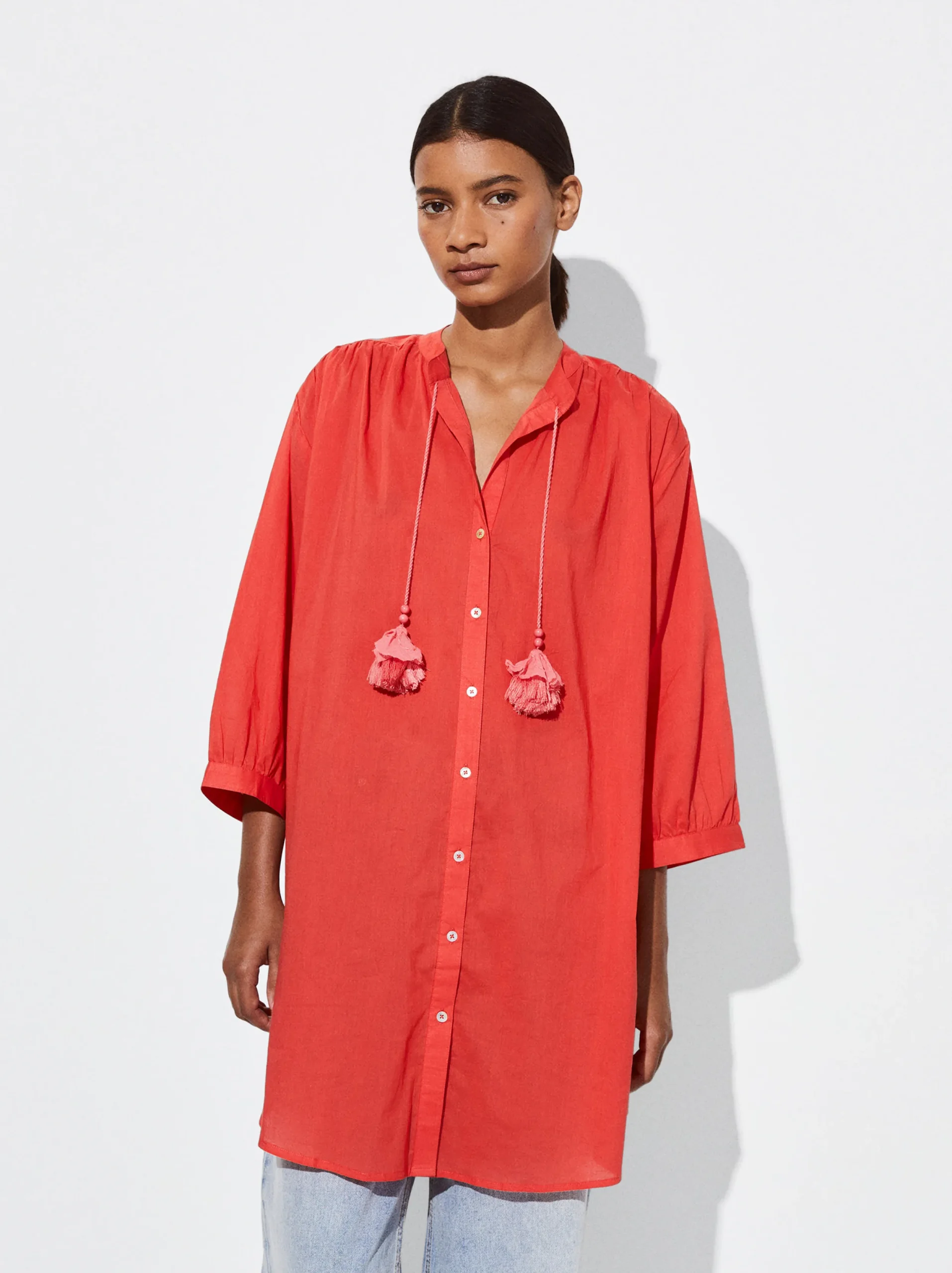 PARFOIS Vestido Camisero Algodón Rojo Cheap