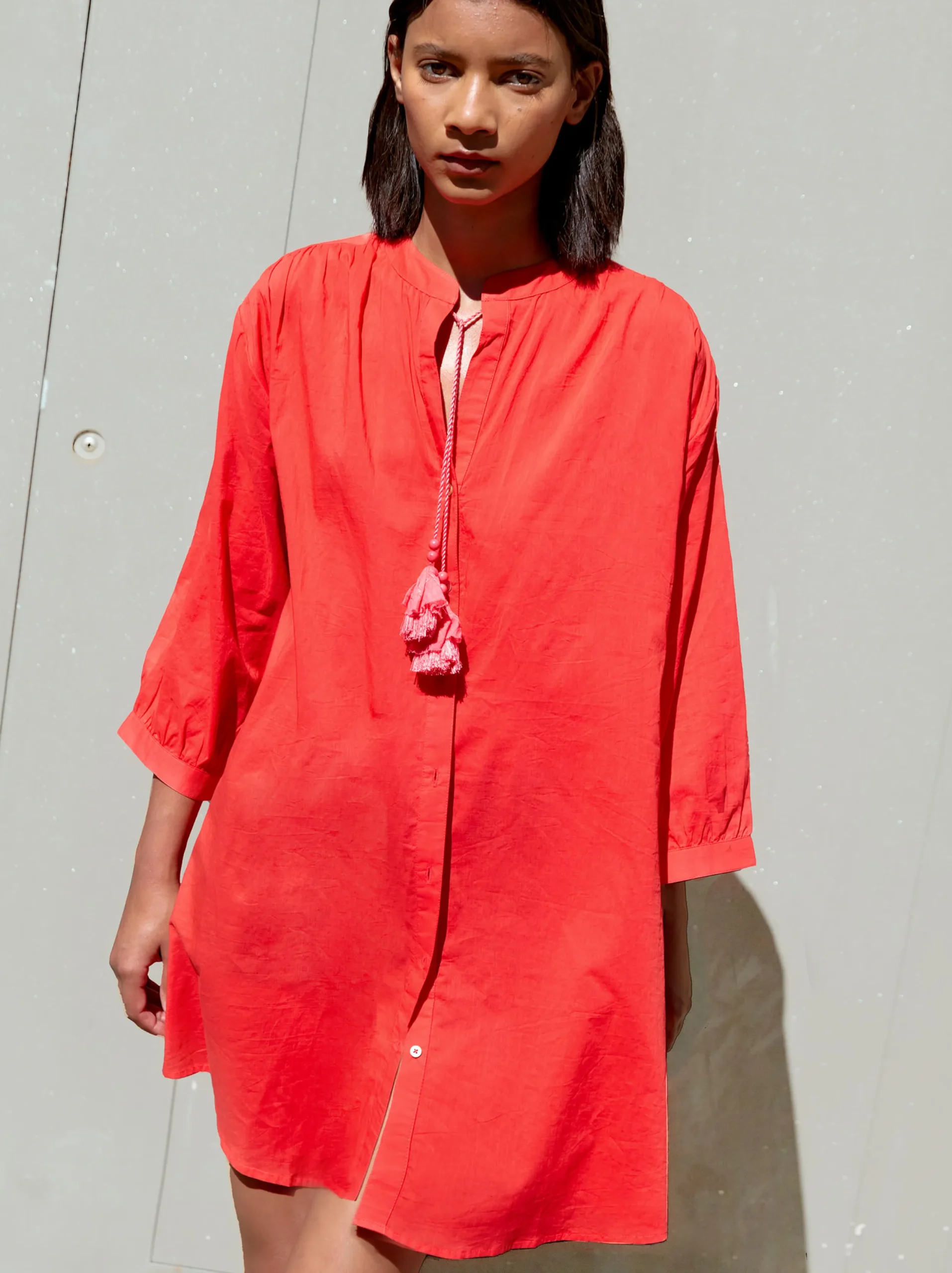PARFOIS Vestido Camisero Algodón Rojo Cheap