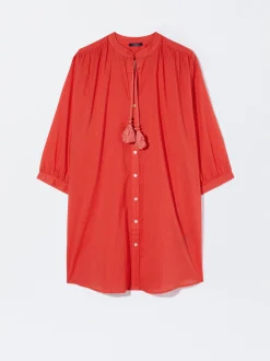 PARFOIS Vestido Camisero Algodón Rojo Cheap