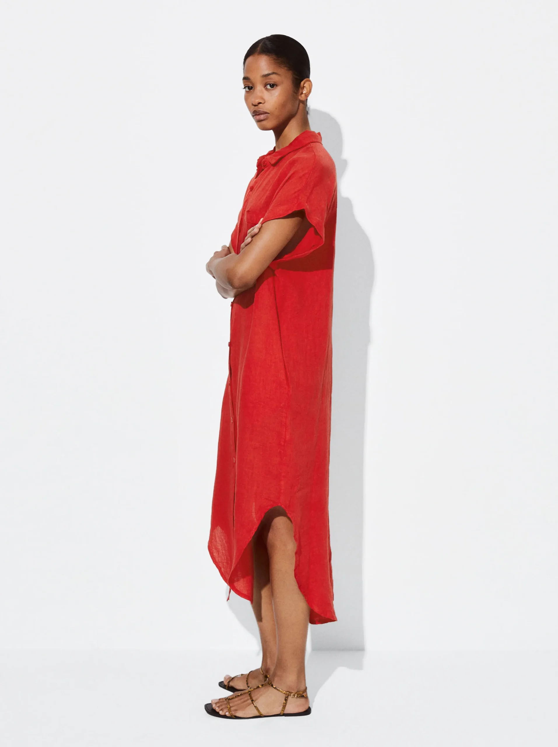 PARFOIS Vestido Camisero Lino Rojo Best Sale