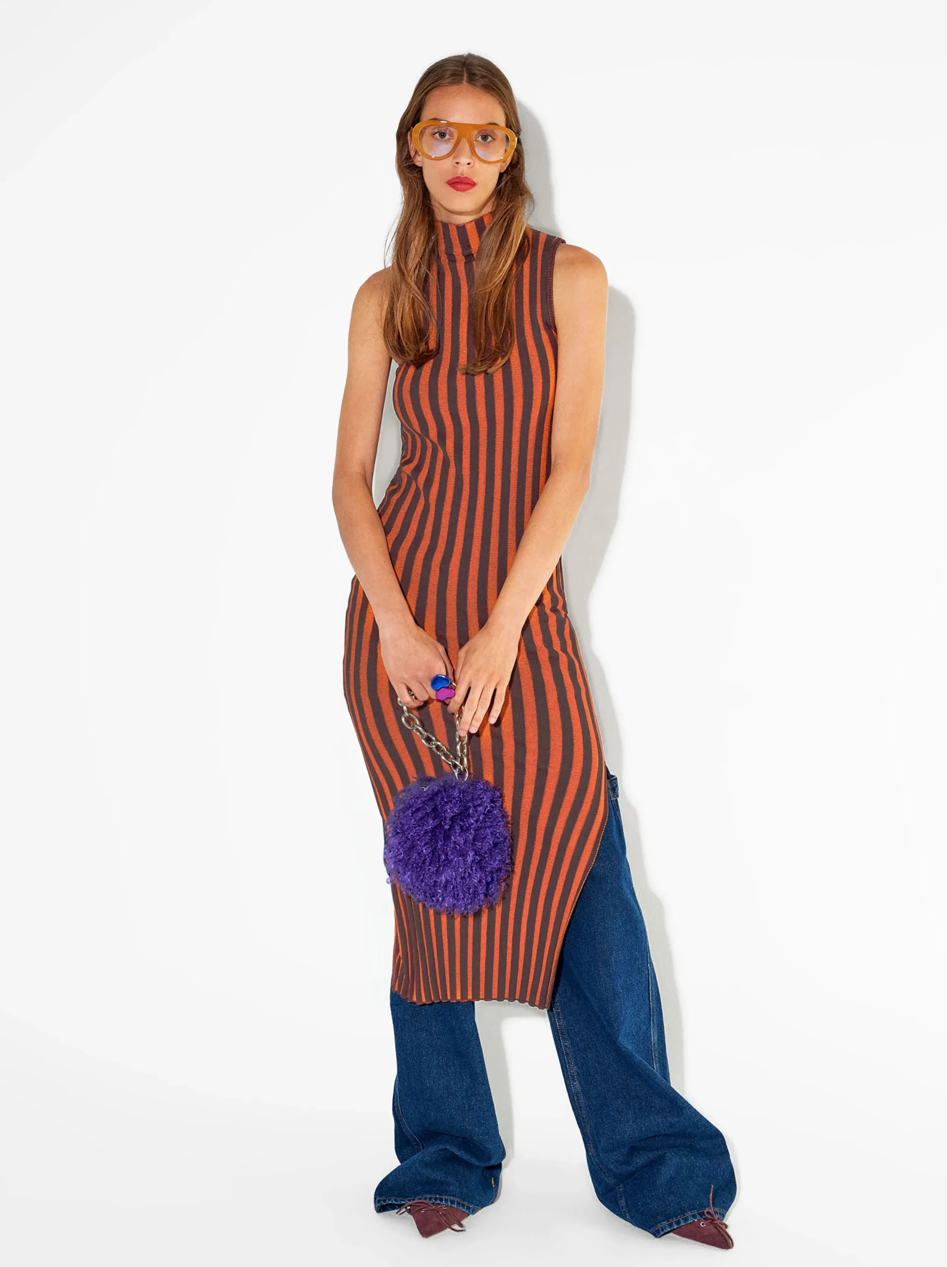 PARFOIS Vestido Largo Con Rayas Naranja Cheap