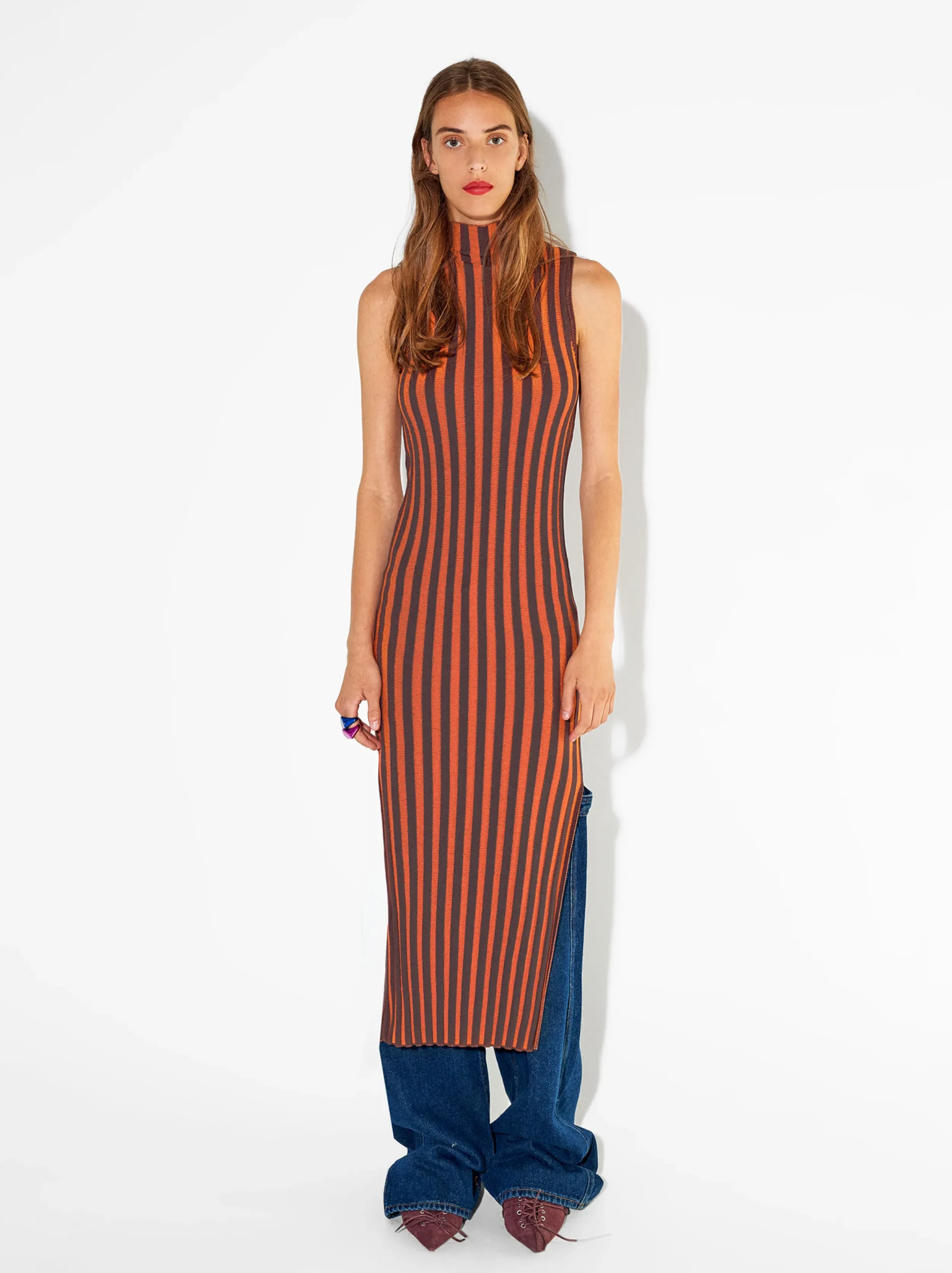 PARFOIS Vestido Largo Con Rayas Naranja Cheap
