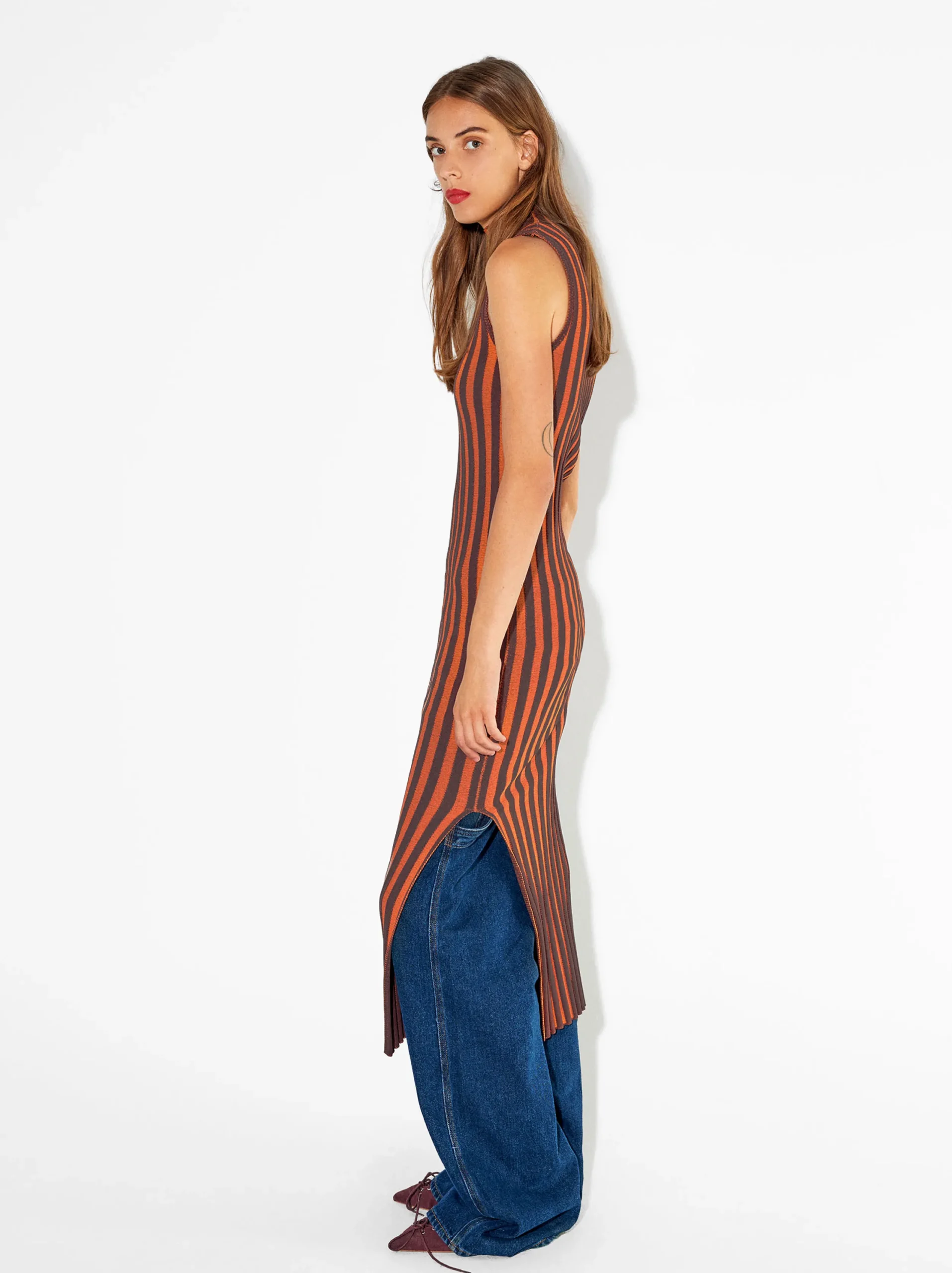 PARFOIS Vestido Largo Con Rayas Naranja Cheap