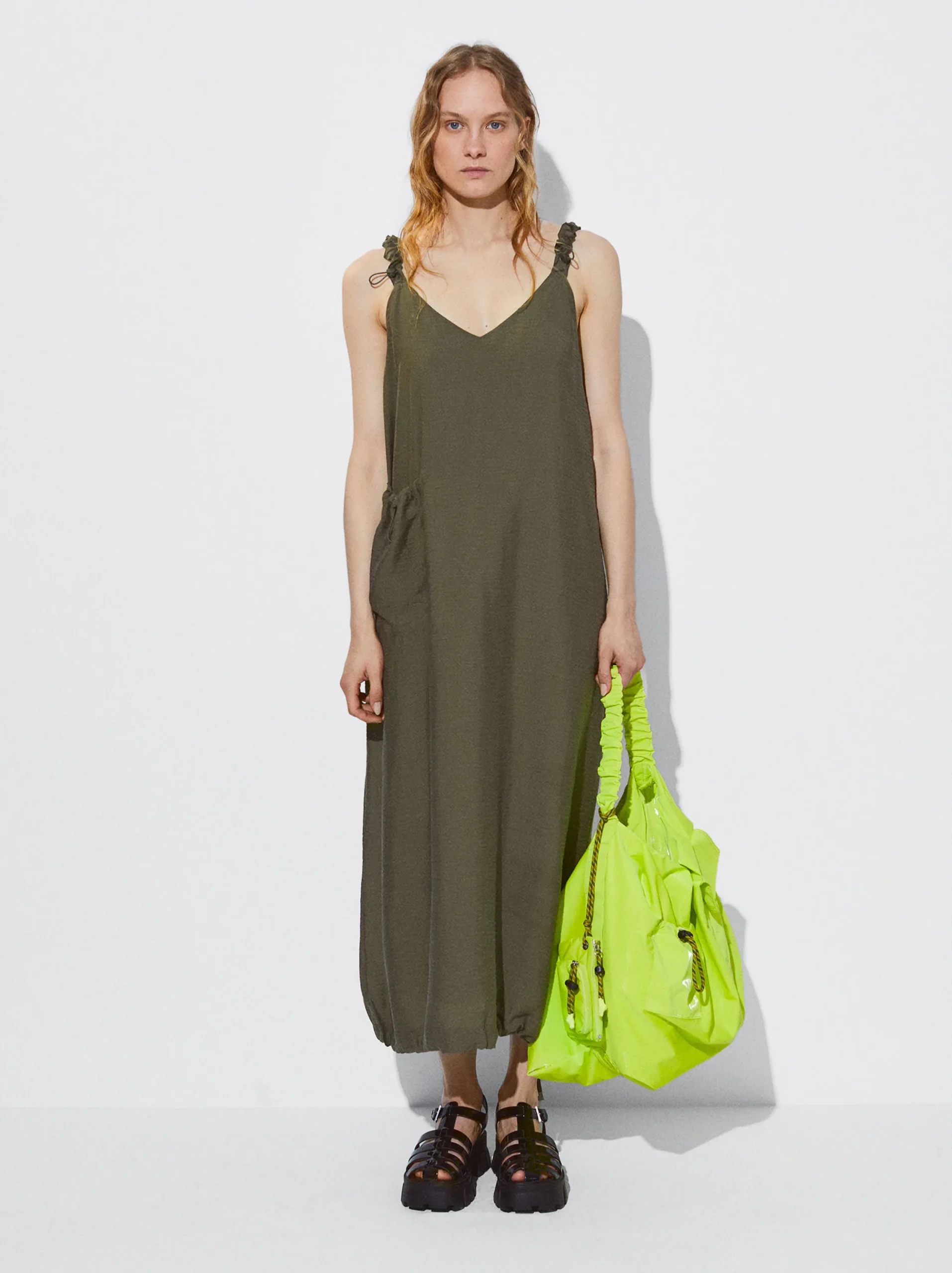 PARFOIS Vestido Lyocell Con Bolsillo Caqui Flash Sale